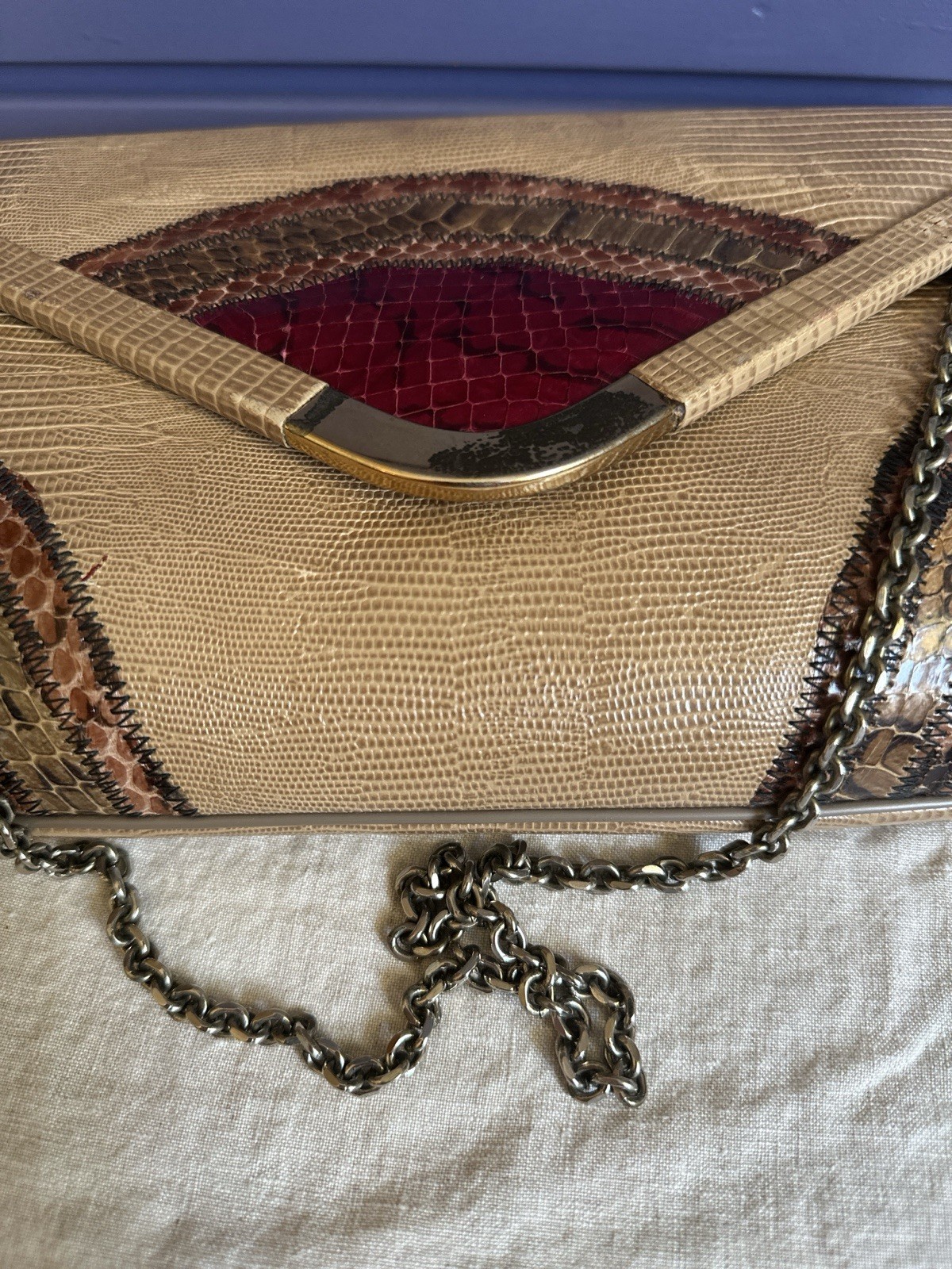 Vintage Original by Capice, snakeskin patchwork purse, chain strap, magnet close