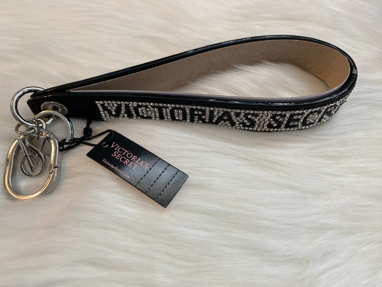VICTORIA’S SECRET Slim Rhinestone Shine Sparkle Wristlet Keychain in Black Logo