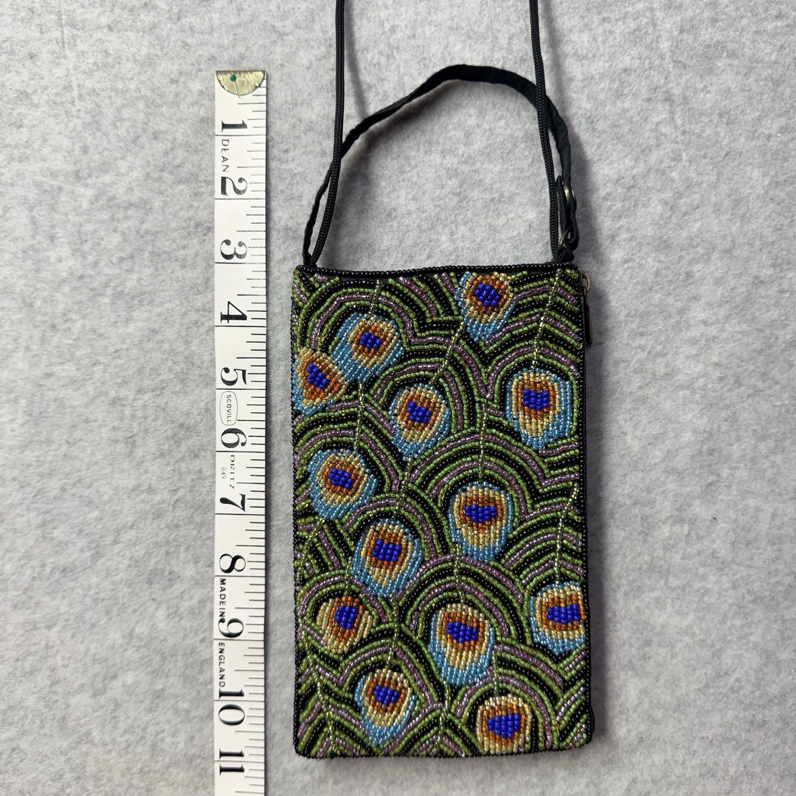 BAMBOO TRADING COMPANY HAND BEADED PEACOCK CLUB BAG WRISTLET CROSSBODY