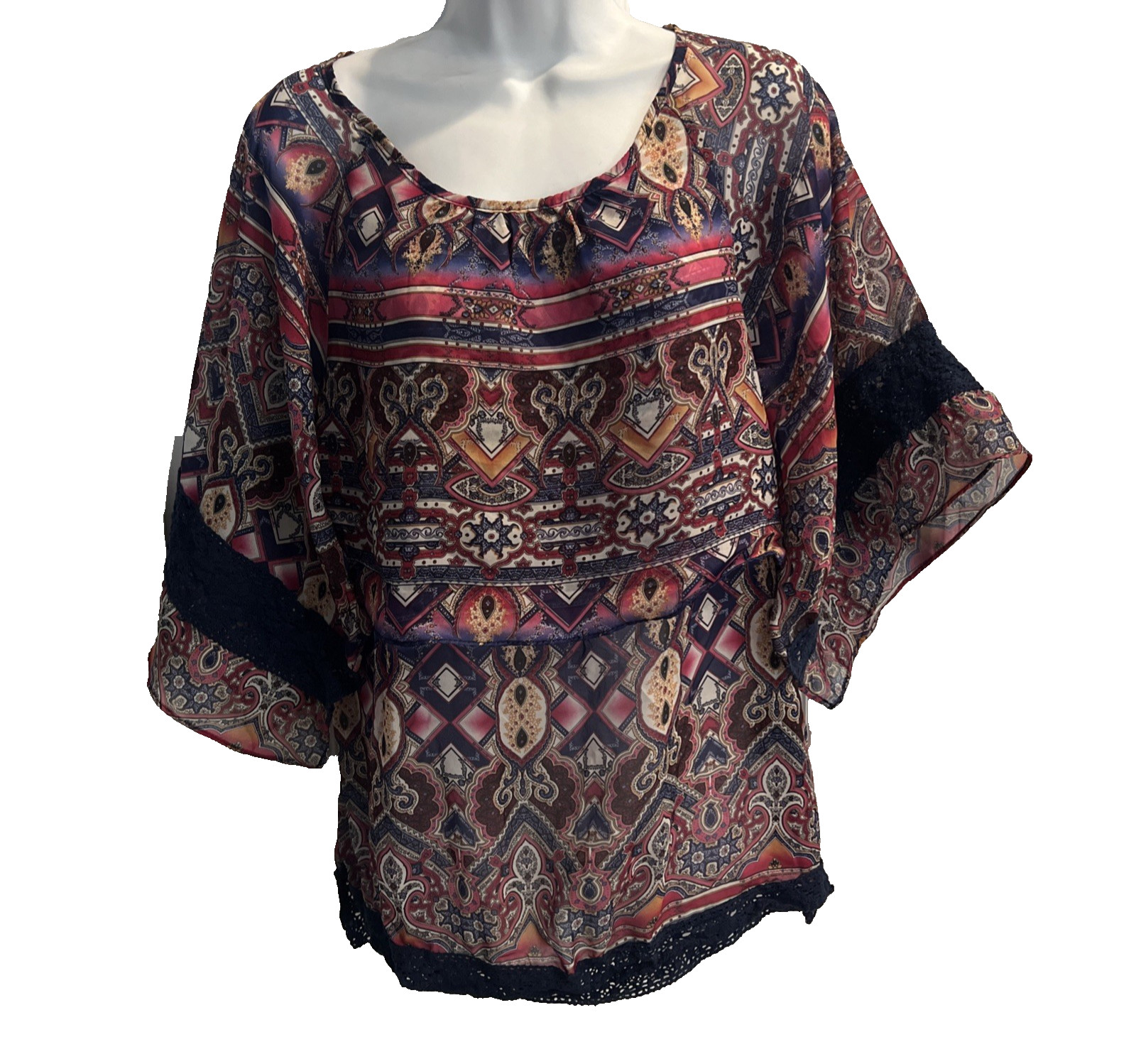 James Bryan Boho Paisley Print Kimono Top Size S Split Sleeve Blouse Lace Trim