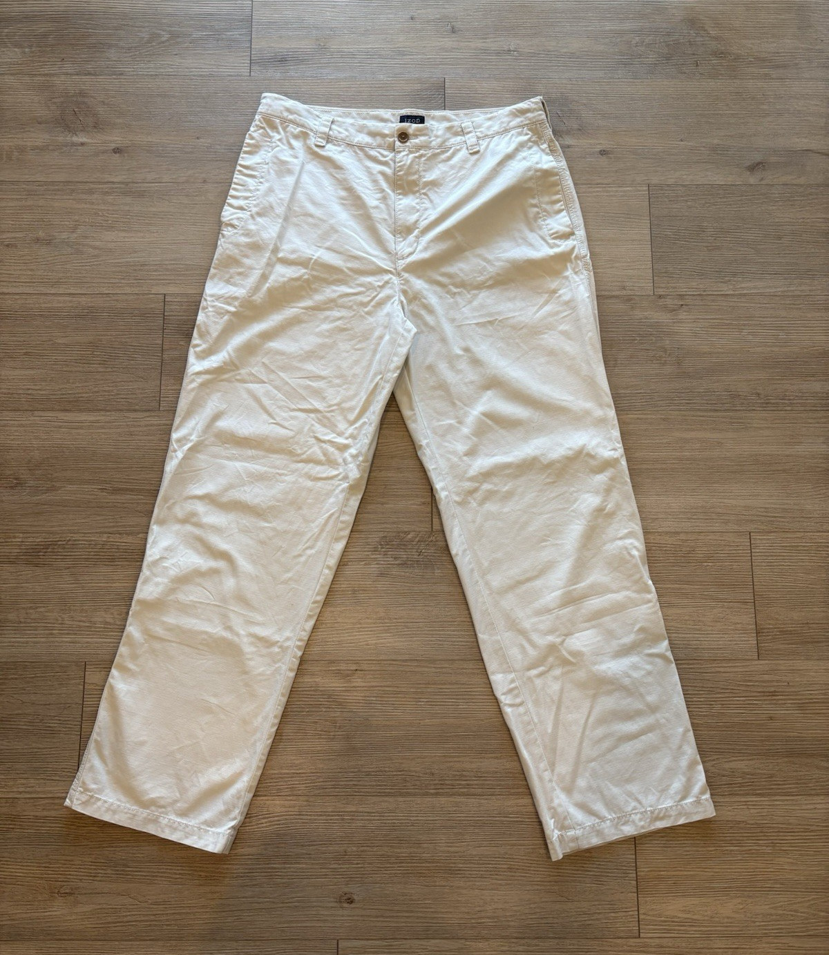 IZOD Mens Chino Pants 36×32 Stark White 100% Cotton Flat Front Classic MINT