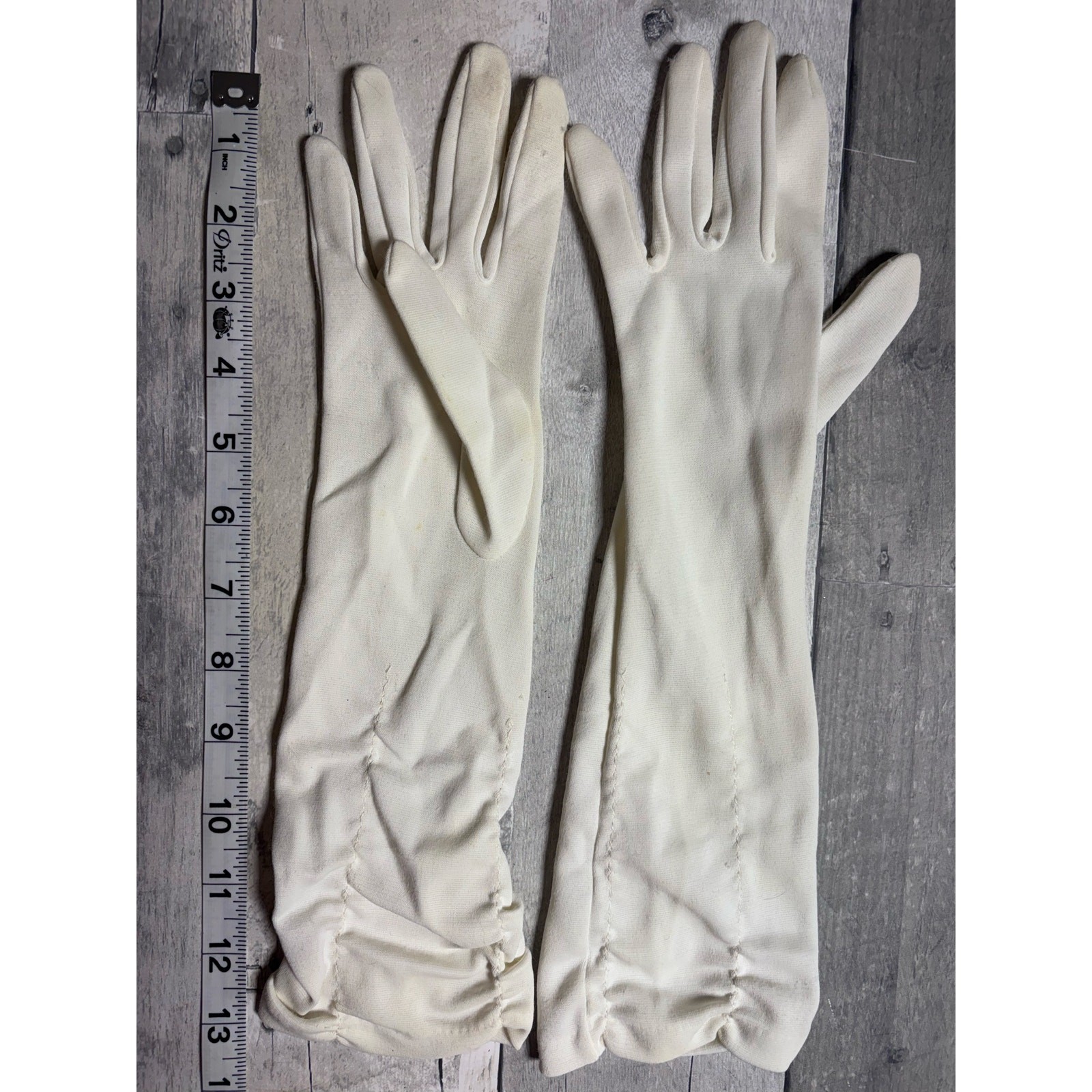Vintage Ivory Gloves Nylon? Adult Small? Rouched Mid Elbow Mid Century 1950-60s