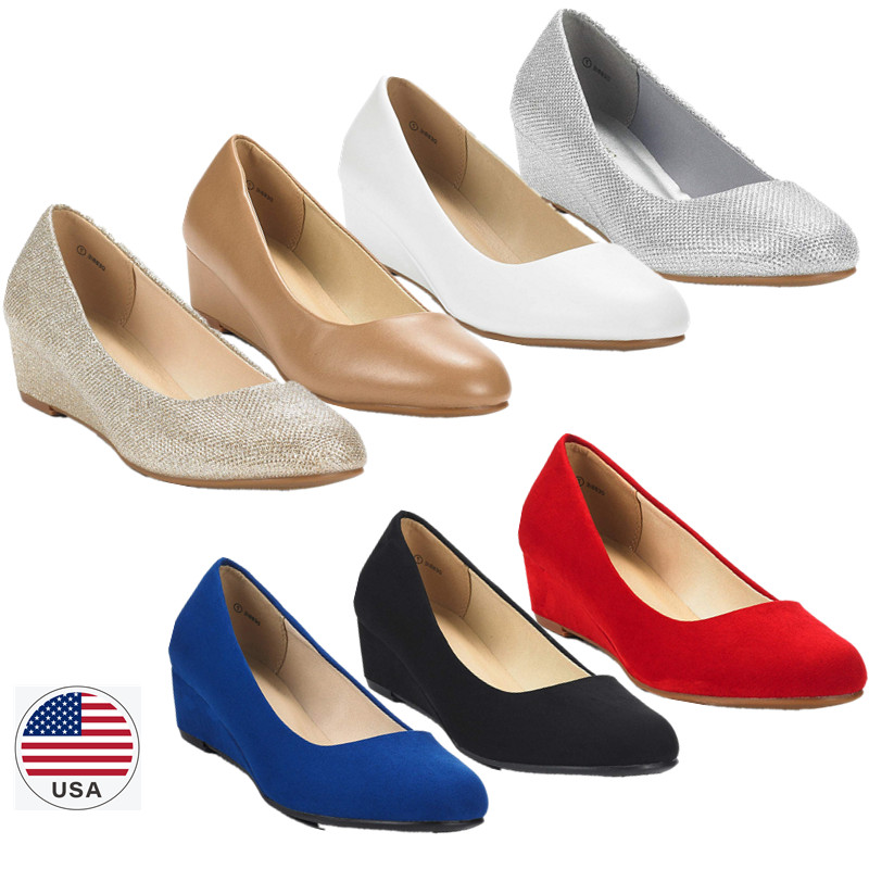 Women Round Toe Mid Wedge Heel Comfort Work Dress Slip On Pump Shoes US 5-11