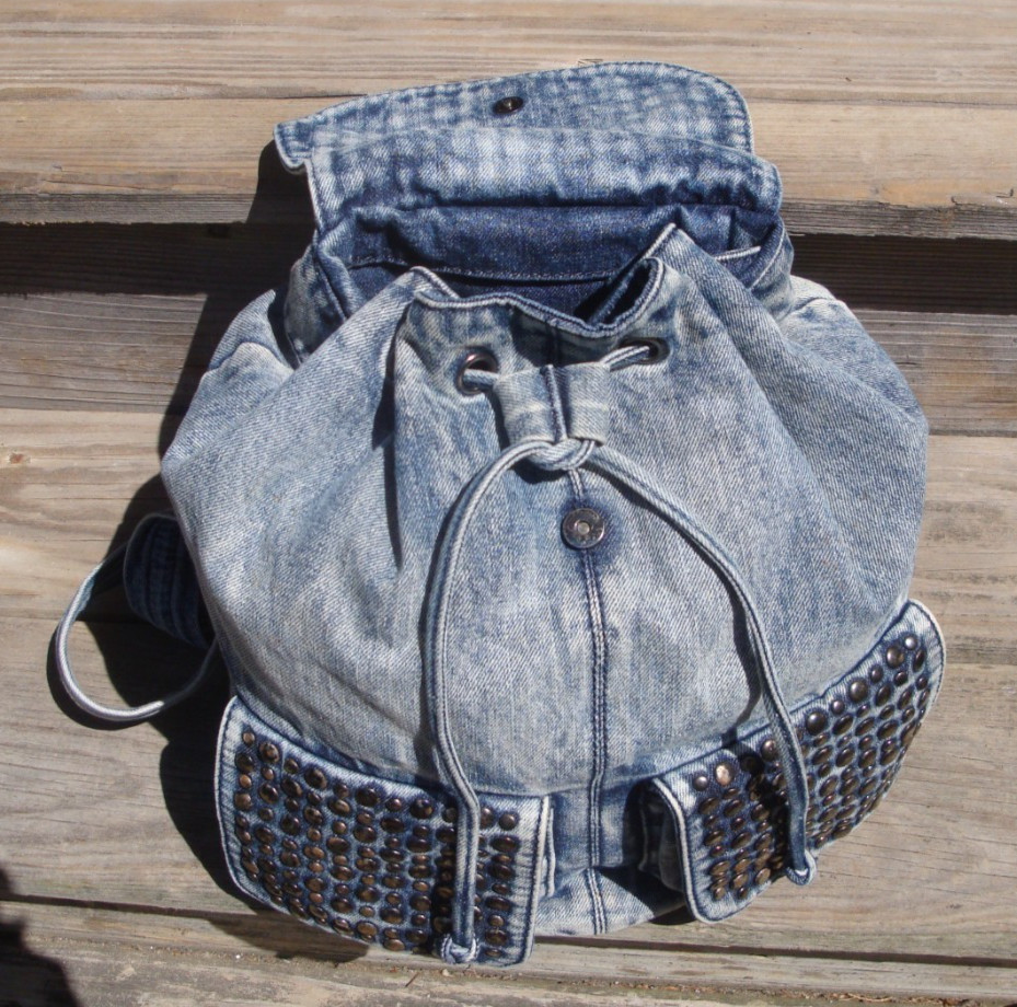 STREET LEVEL Denim Backpack Studded Boho Hobo Hippie Biker School Sling Bag Tote