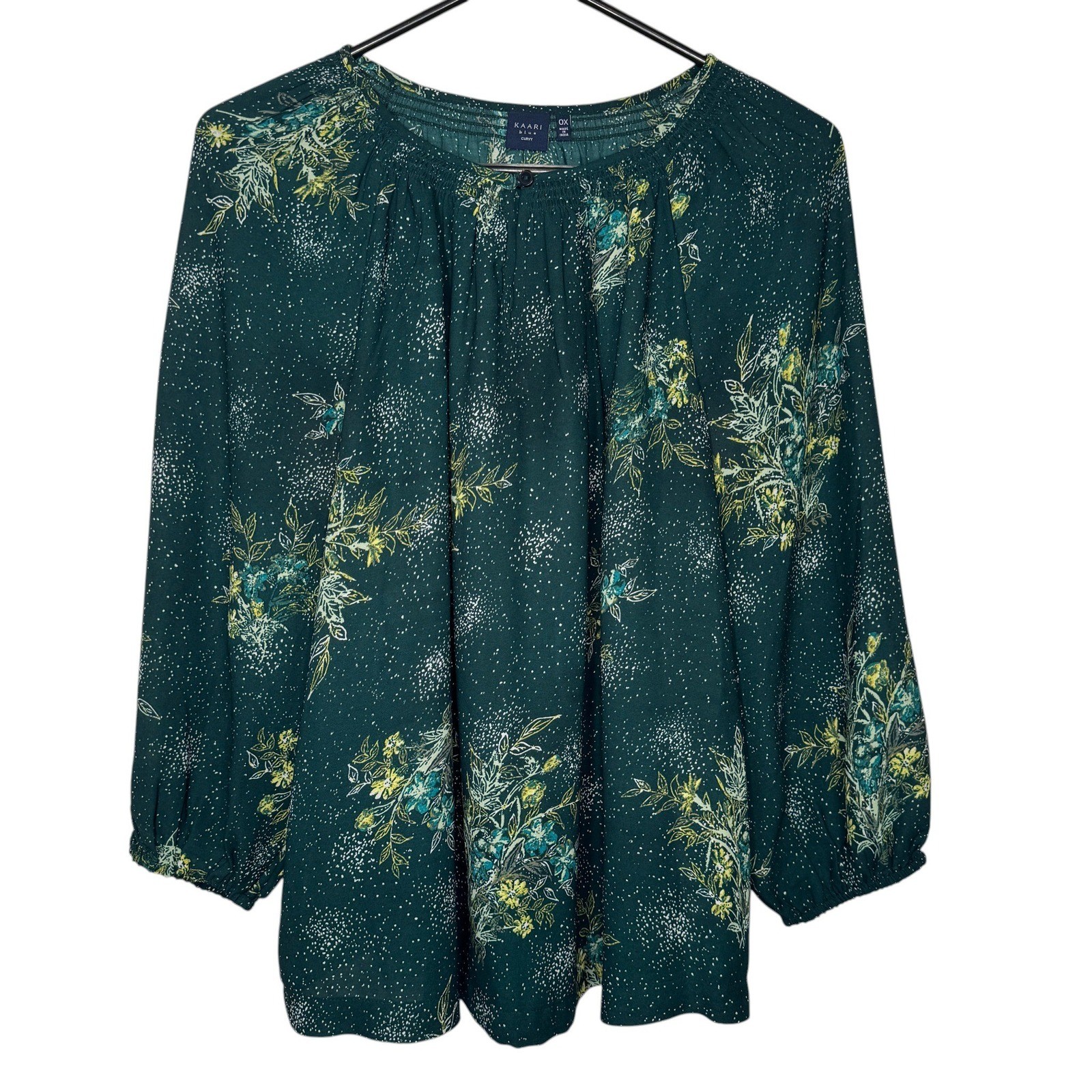 Kaari Blue Curvy Green Floral Blouse Womens 0X Smocked Neck Keyhole Long Sleeve