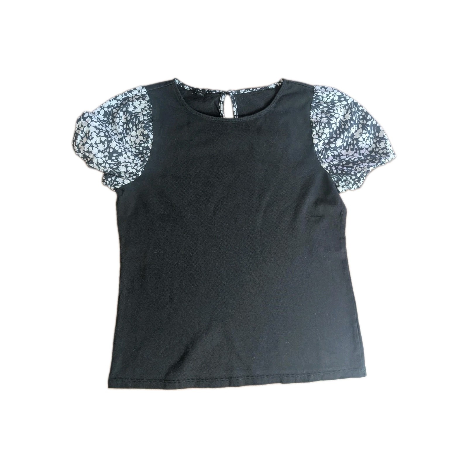 Talbots Petite Black Floral Puff Sleeve Knit Top Women’s SP Short Sleeve Blouse