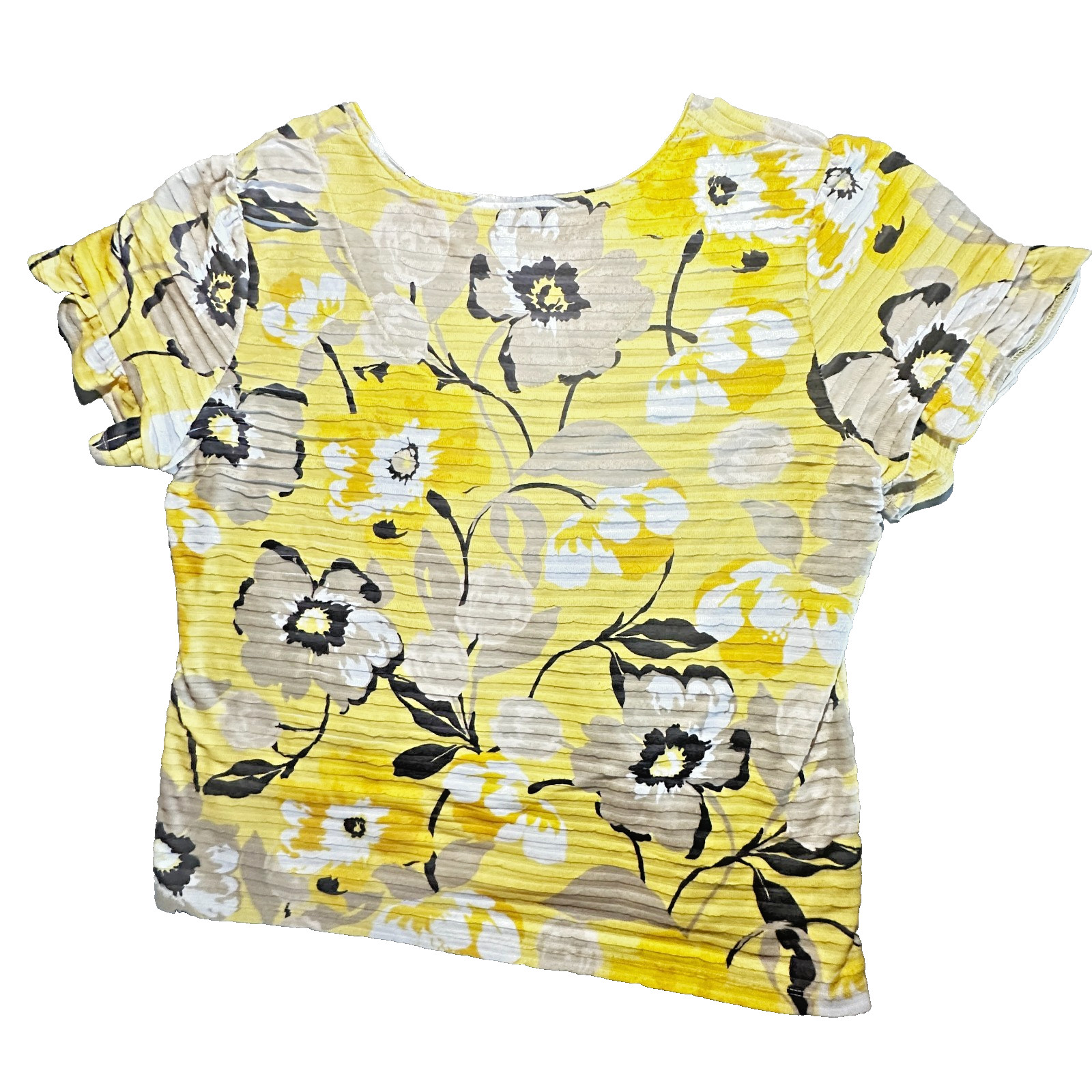 Allison Daley Women Petite PL Short Sleeve Soft Stretch Knit Top YEL/BLK Floral