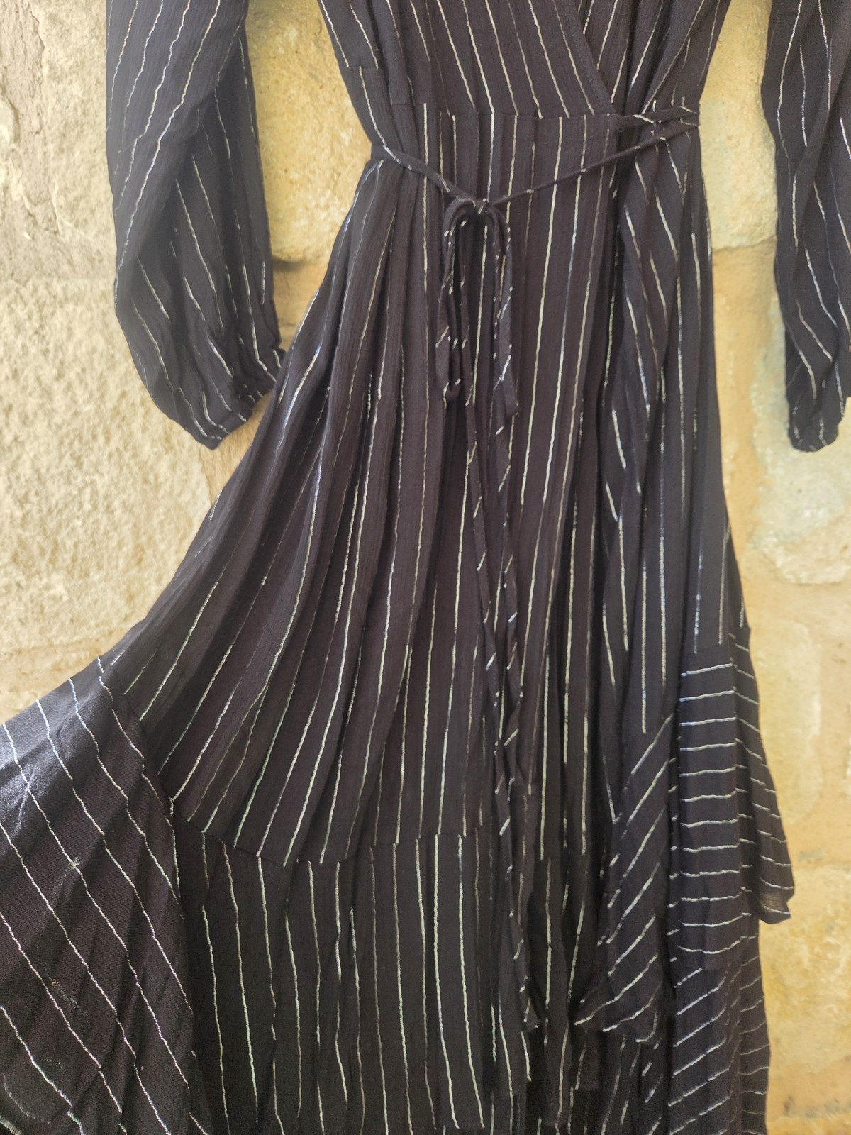 RusttyDustty Black Pinstripe Long Sleeve Wrap Dress