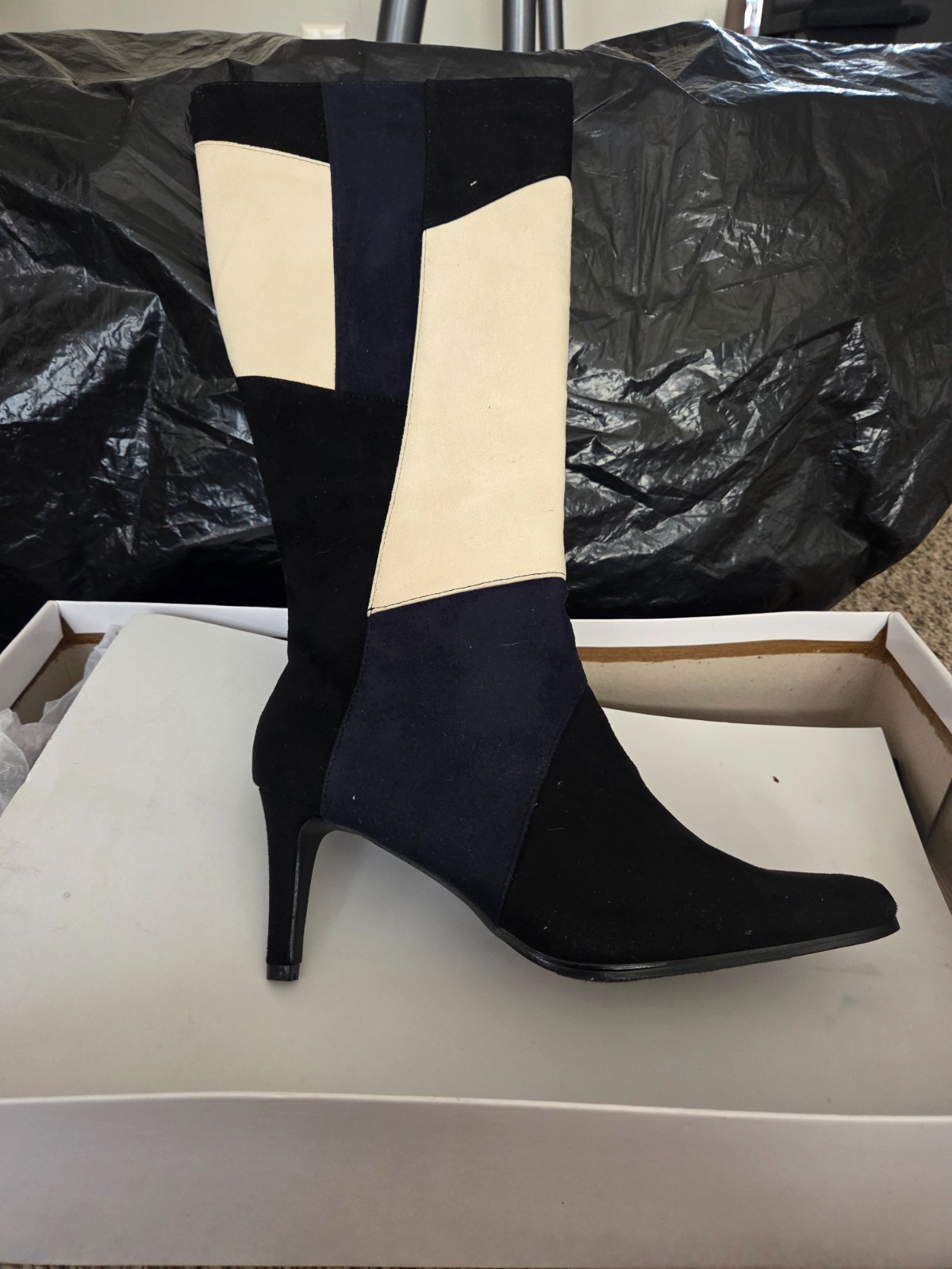 ASHRO Navy/Cream/Black Patchwork Knee High Heeled Boot
