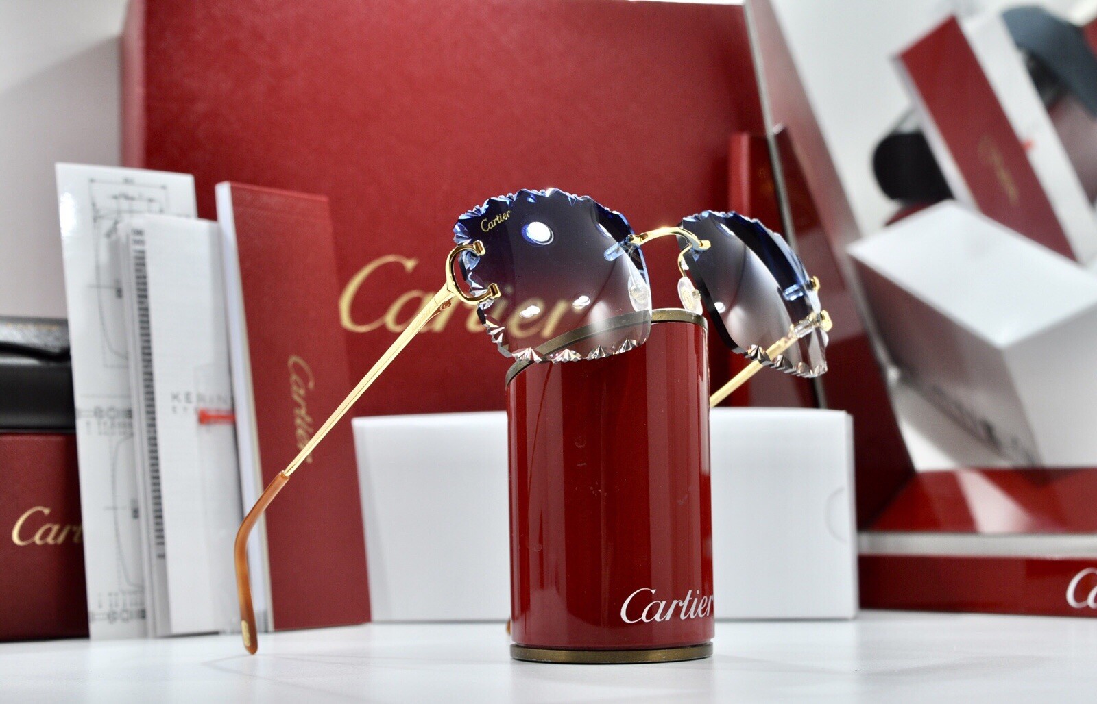 New Cartier rimless sunglasses fred glasses Diamond Cut decor BIG C gold Frame