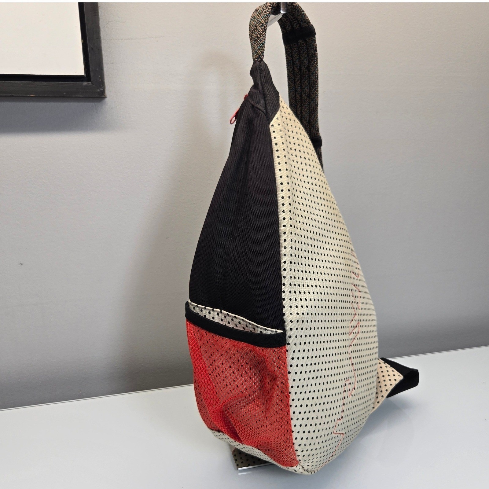 KAVU Paxton Pack Rope Sling Backpack Red Cream Black Polka Dot Canvas Crossbody