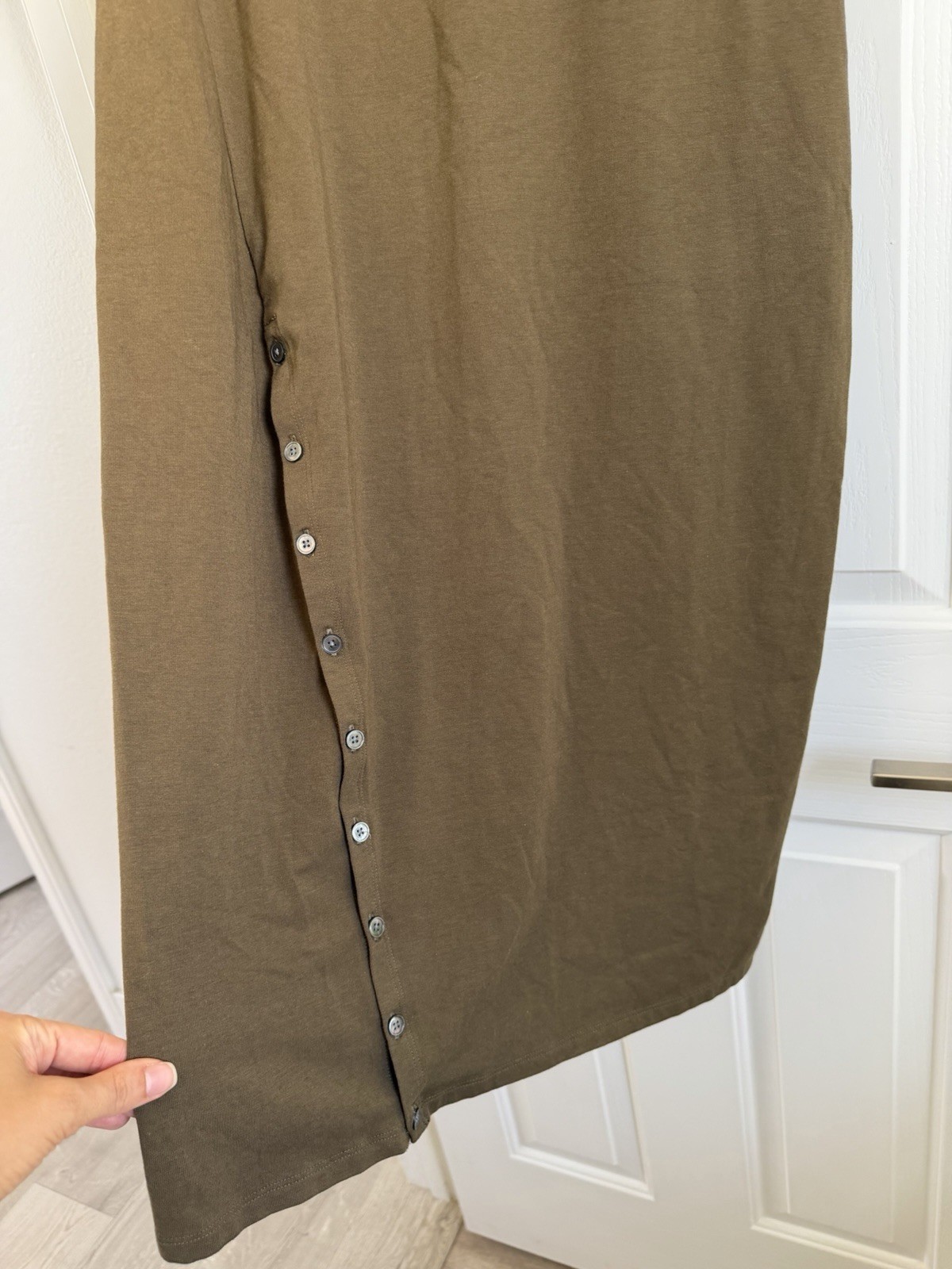 Theory Ranmire Olive Green Ribbed Knit Button Side Slit Midi Dress Medium M