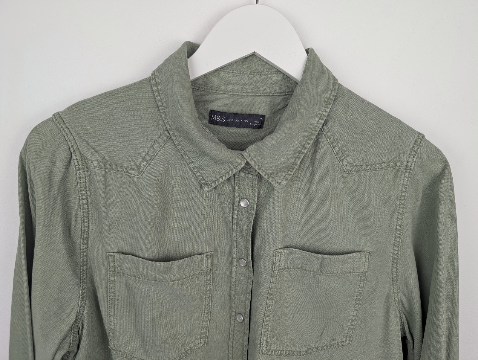 M&S Collection Lyocell Shirt | Womens UK 14 | Light Khaki Green Utility Blouse