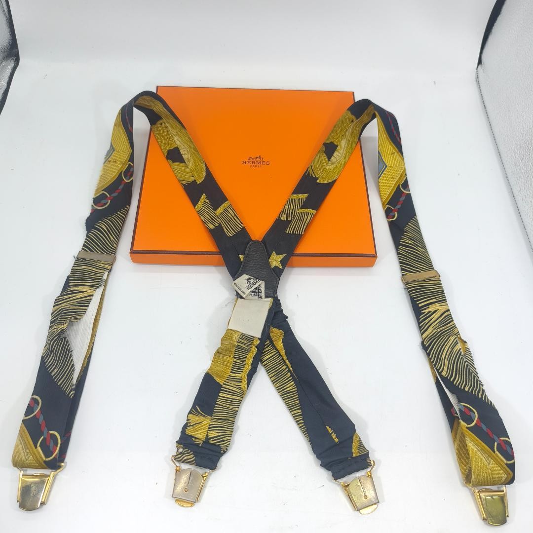 Hermes Paris Silk Suspenders Black Multicolor All Over Pattern Length 82cm w/Box