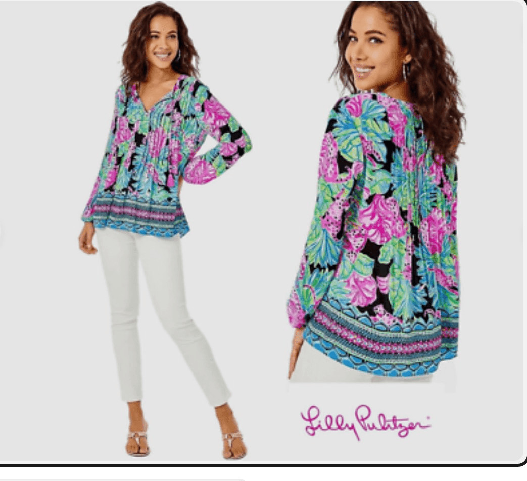 Lilly Pulitzer Marilina Tunic Top Blouse Floral Pleated Tasseled Women’s XS