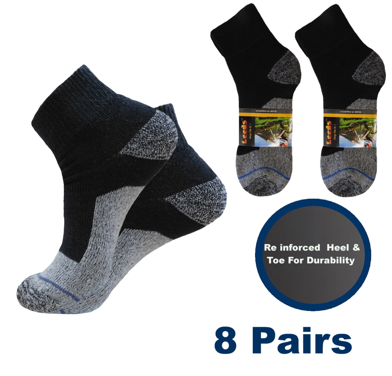 8 PK ANKLE WORK SOCKS COTTON REINFORCED HEEL AND TOE FULL CUSHION BLACK