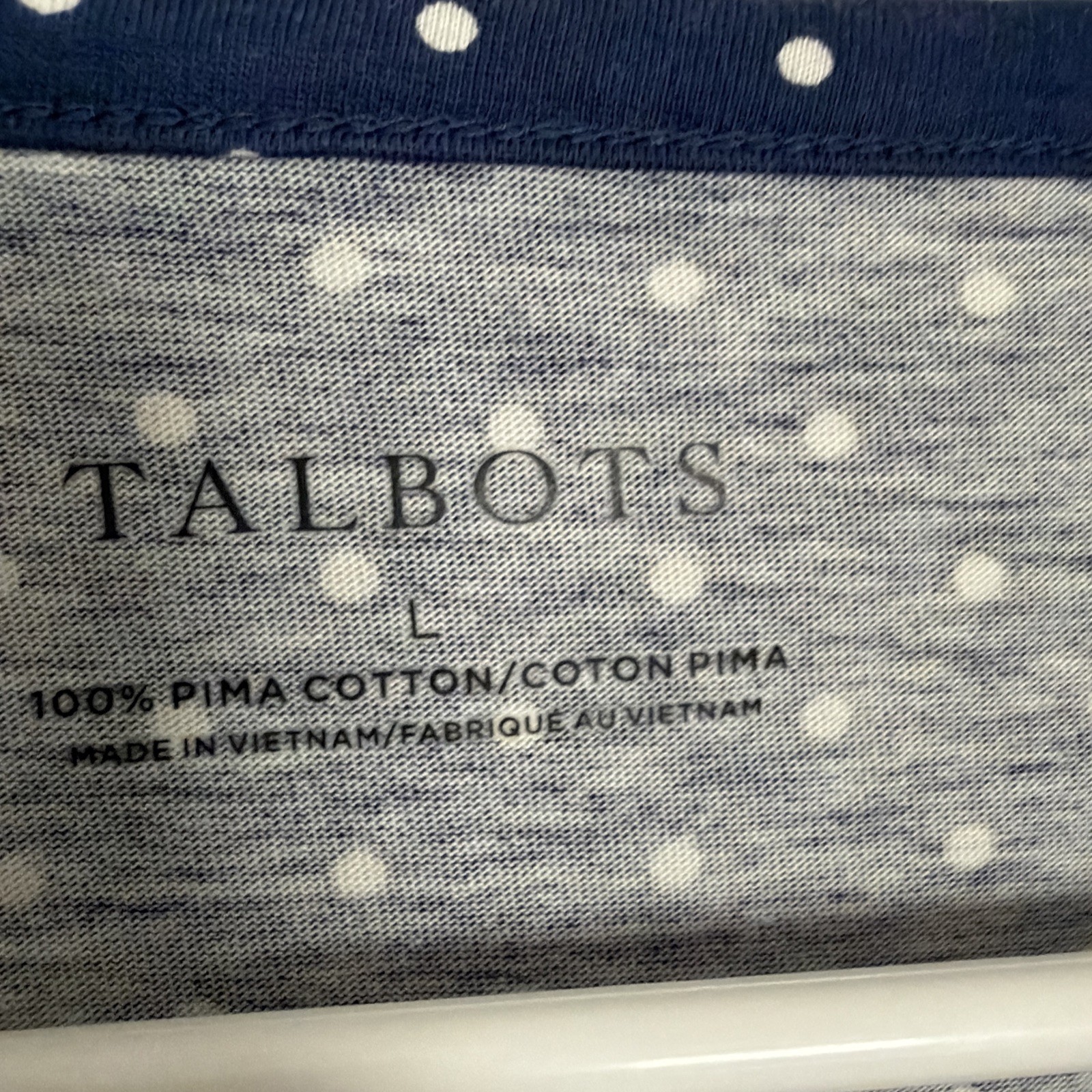 Talbots Women’s Size L Short Sleeve Polkadot Blue & White 100% Pima Cotton ￼￼