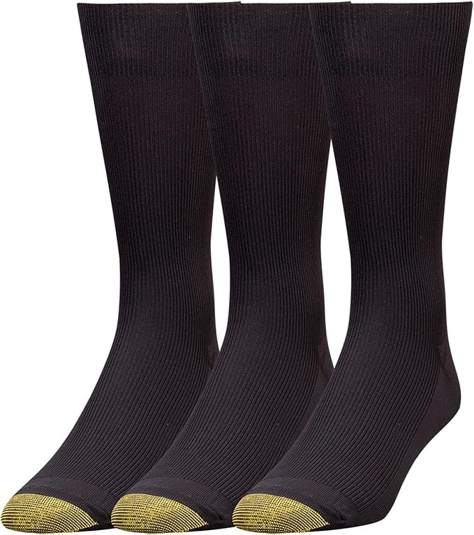 3 Pairs Mens Gold Toe Premier Metropolitan Black Nylon Dress Crew Socks