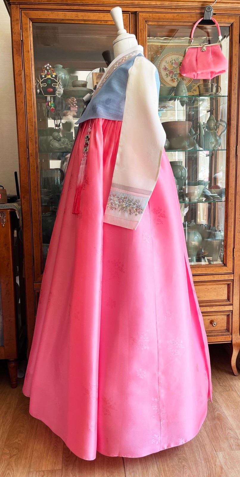 Premium Silk Traditional Korean Hanbok Dress–Light Blue & Pink/Hand bag / Junior