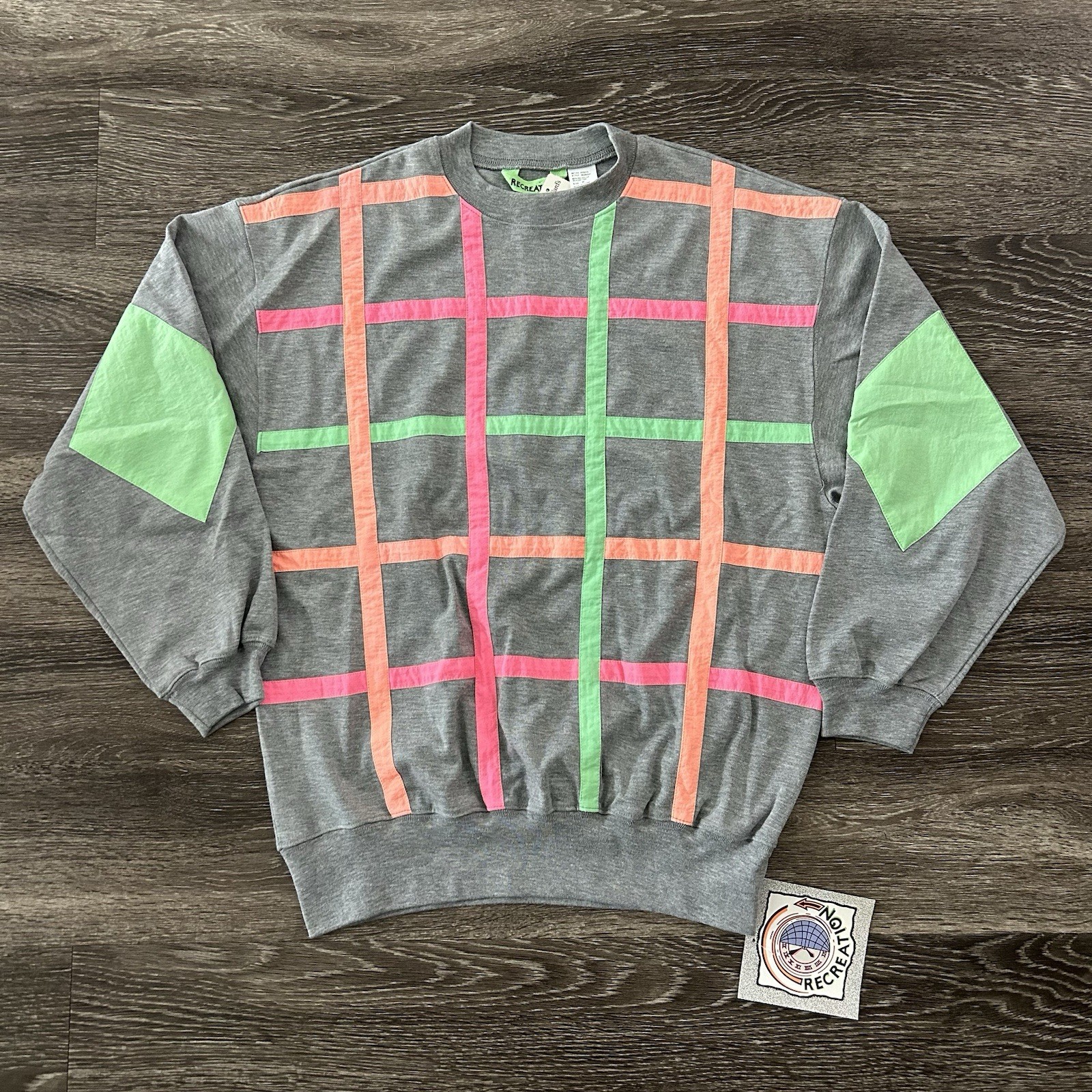 Vintage 80s 90s Recreation Pullover Sweatshirt Sz M Neon Elbow Patches Deadstock