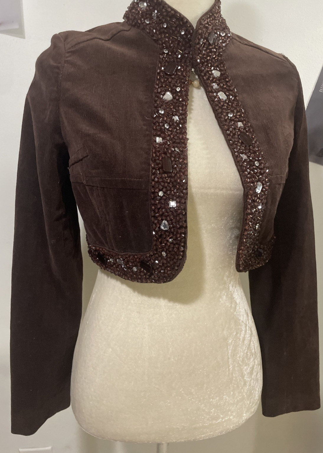 Ceres NWT USA Vintage Brown Corduroy Beaded Bolero Jacket Leopard Lined Small