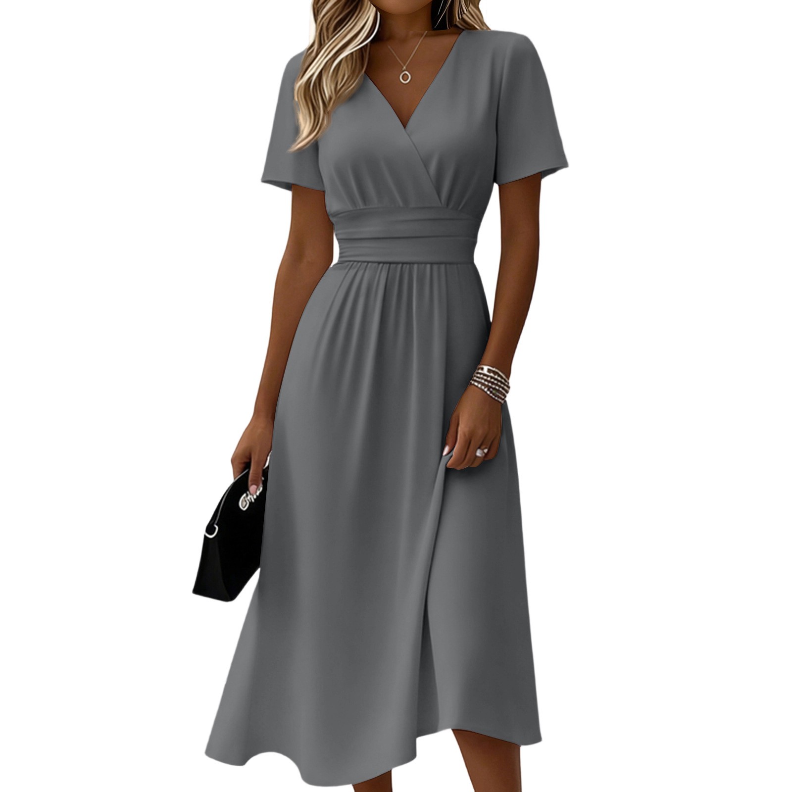 Womens Solid-Color Casual Short-Sleeve V-Neck Dress