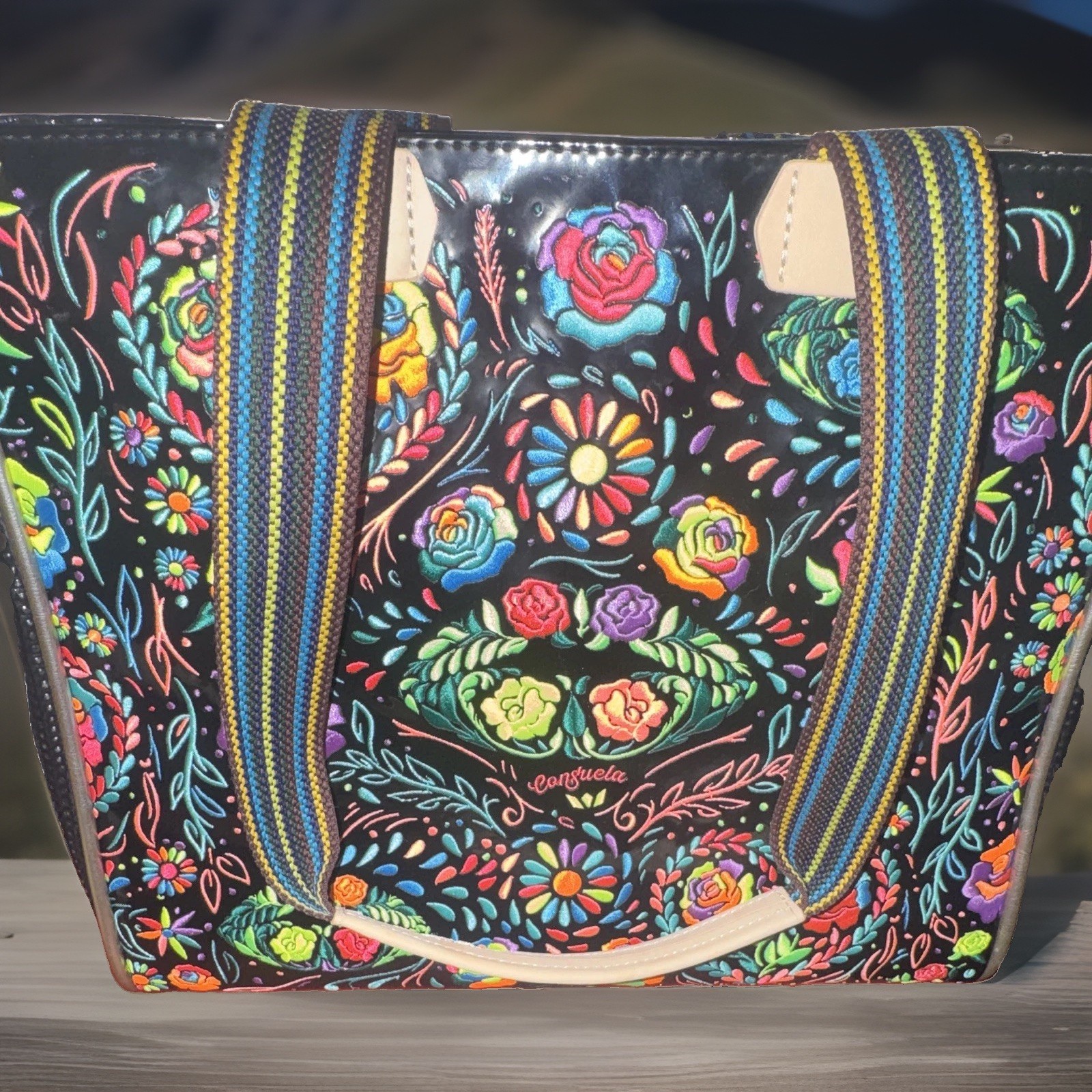 Consuela Large Floral Multicolor/Black Coated Zip Lined Tote, Double Handles