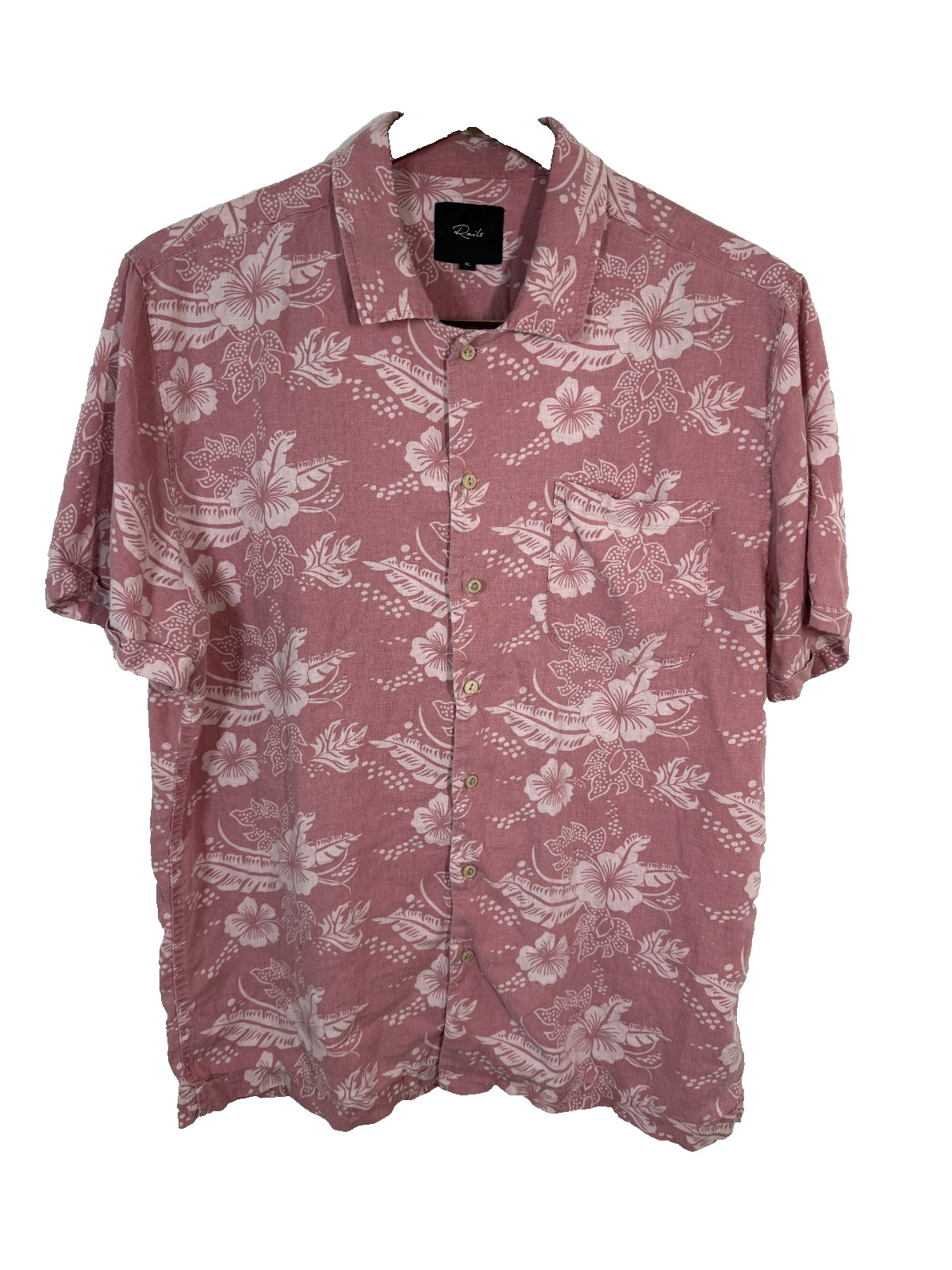 Rails Mens XL Pink Hibiscus Floral Linen blend Shirt Button Up Resortwear