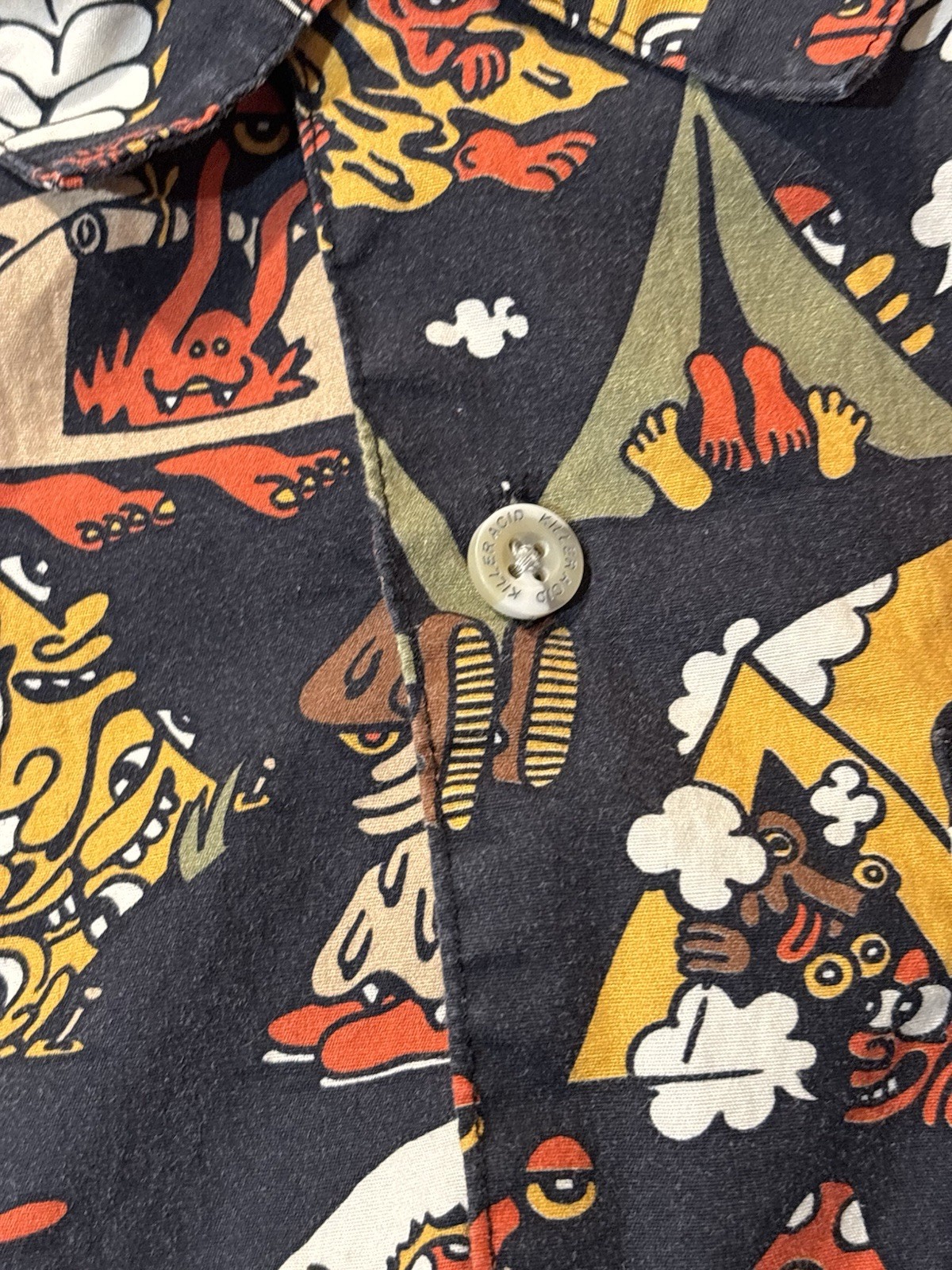 Killer Acid No Bad Trips Print Camp Shirt Button Up Mens Sz Small Mushrooms