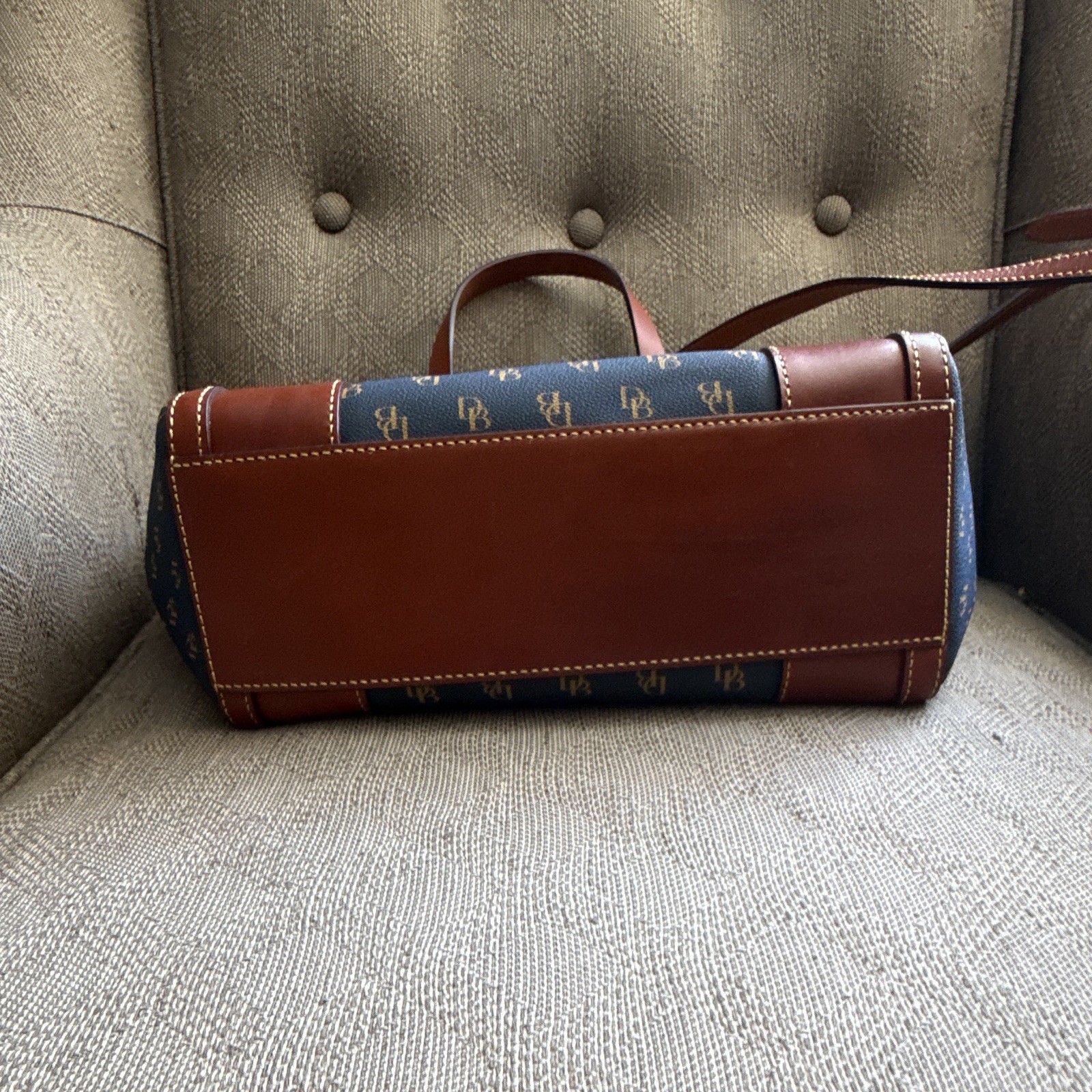 Dooney & Bourke Navy/Brown Monogram Zip Satchel, Strap, Gold Hardware, Pockets
