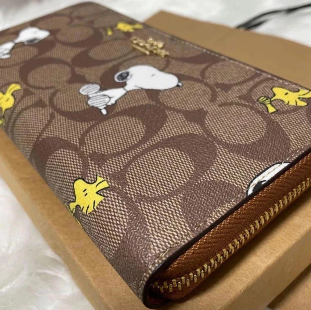 NEW COACH x PEANUTS Long Zip around Wallet Snoopy Woodstock Khaki CE705