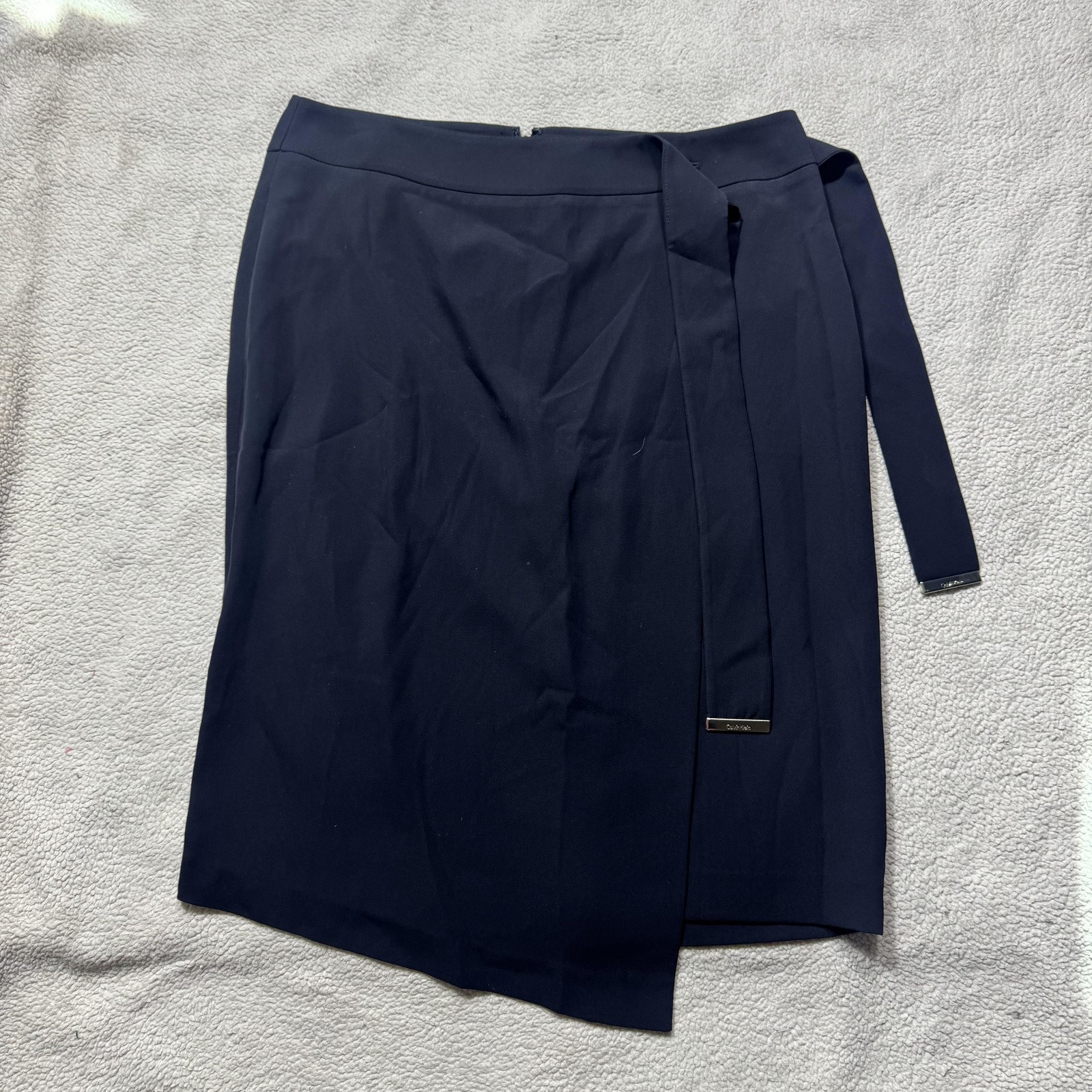 Calvin Klein Skirt Womens 12 Black Faux Wrap Career Midi Belted Office NEW