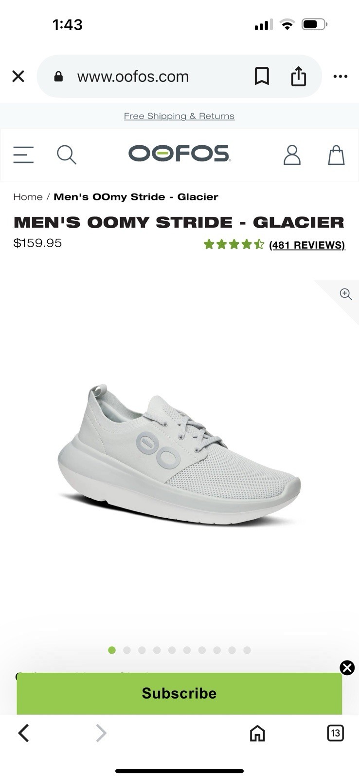 Oofos Oomy Stride Men’s sz 9 Glacier $160 MSRP