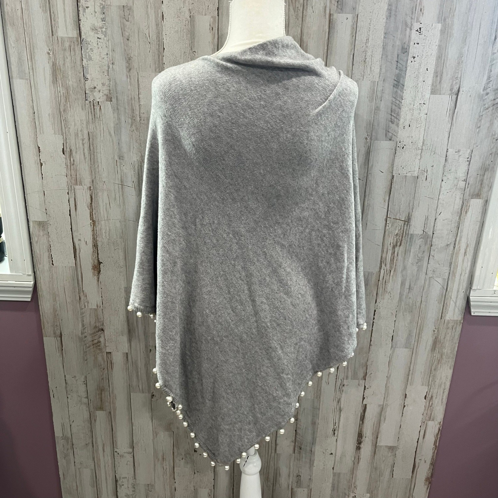 Bluoltre Gray Sweater Poncho Pearl Trim Womens One Size Soft Cozy