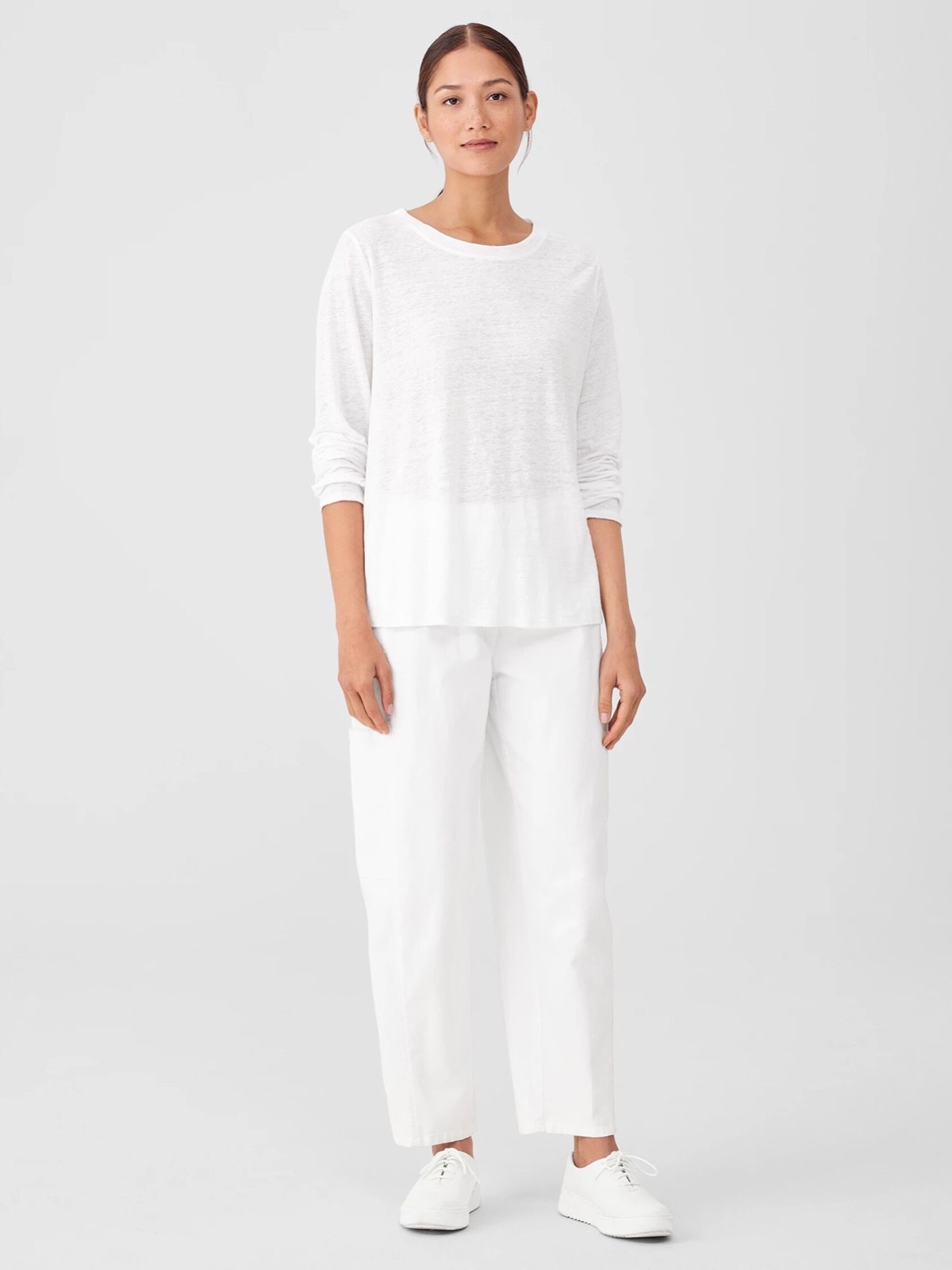 Eileen Fisher Womens $128 Organic Linen Jersey Crew-Neck Long-Sleeve Tee size PP