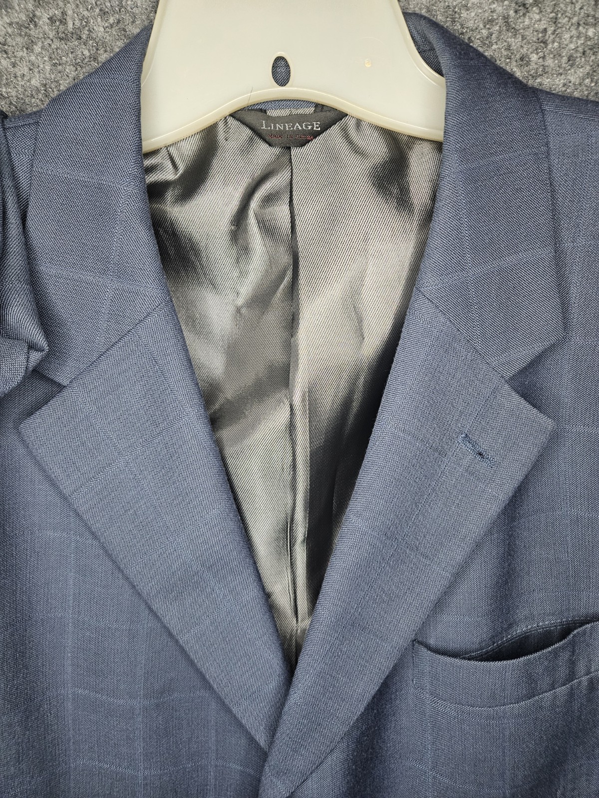 Lineage Men’s 2Pc Suit 46R Jacket 40W Pants Blue Windowpane Plaid Superior 150s
