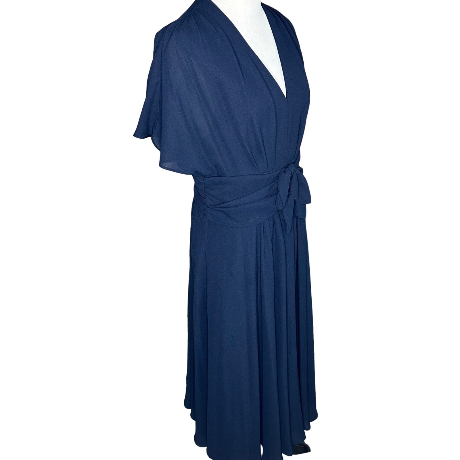 Gal Meets Glam Navy Blue Chiffon Waist Tie Bow Midi Dress Size 8 Back Zipper