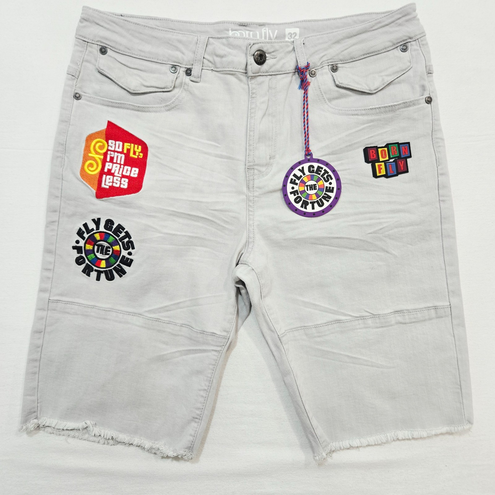 Born Fly Men’s Shorts Grey Stone Color Distressed Patches Style Pockets Denim