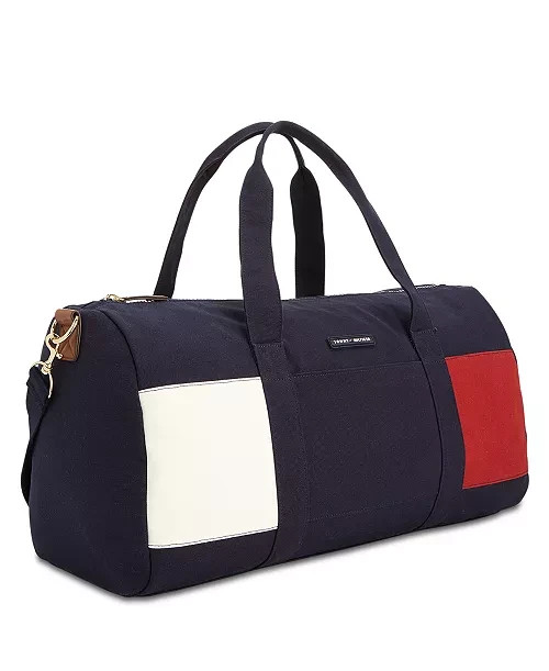 Tommy Hilfiger Duffle Bag Colorblock Navy Red White Canvas Gym Travel Weekender