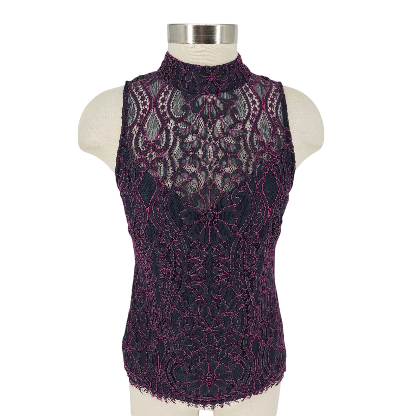White House Black Market Shirt Two Tone Lace Sleeveless Sheer High Neck Womens 4