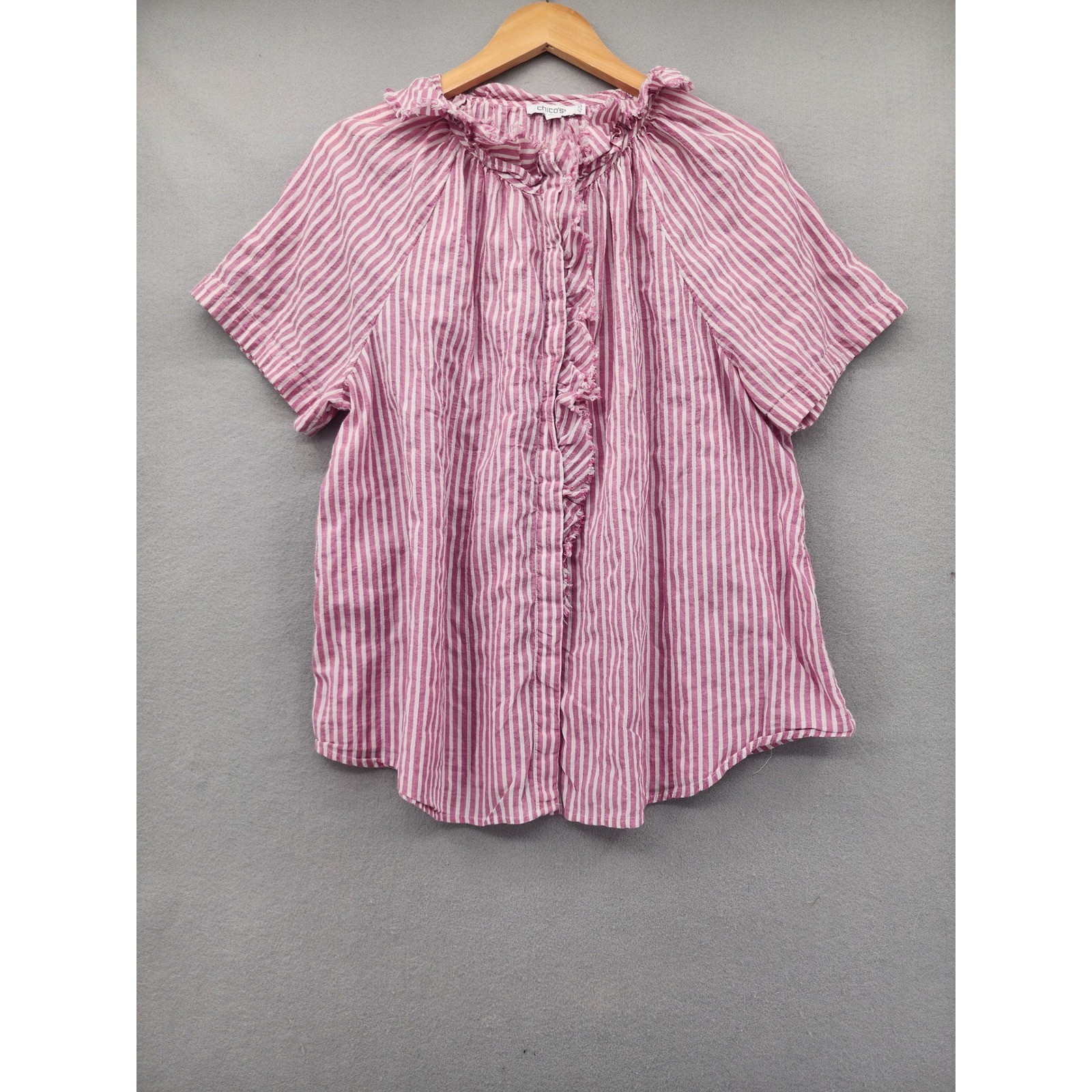 Chicos Pink White Striped Ruffle Button Down Blouse Top Womens Size 3.5 XL 18
