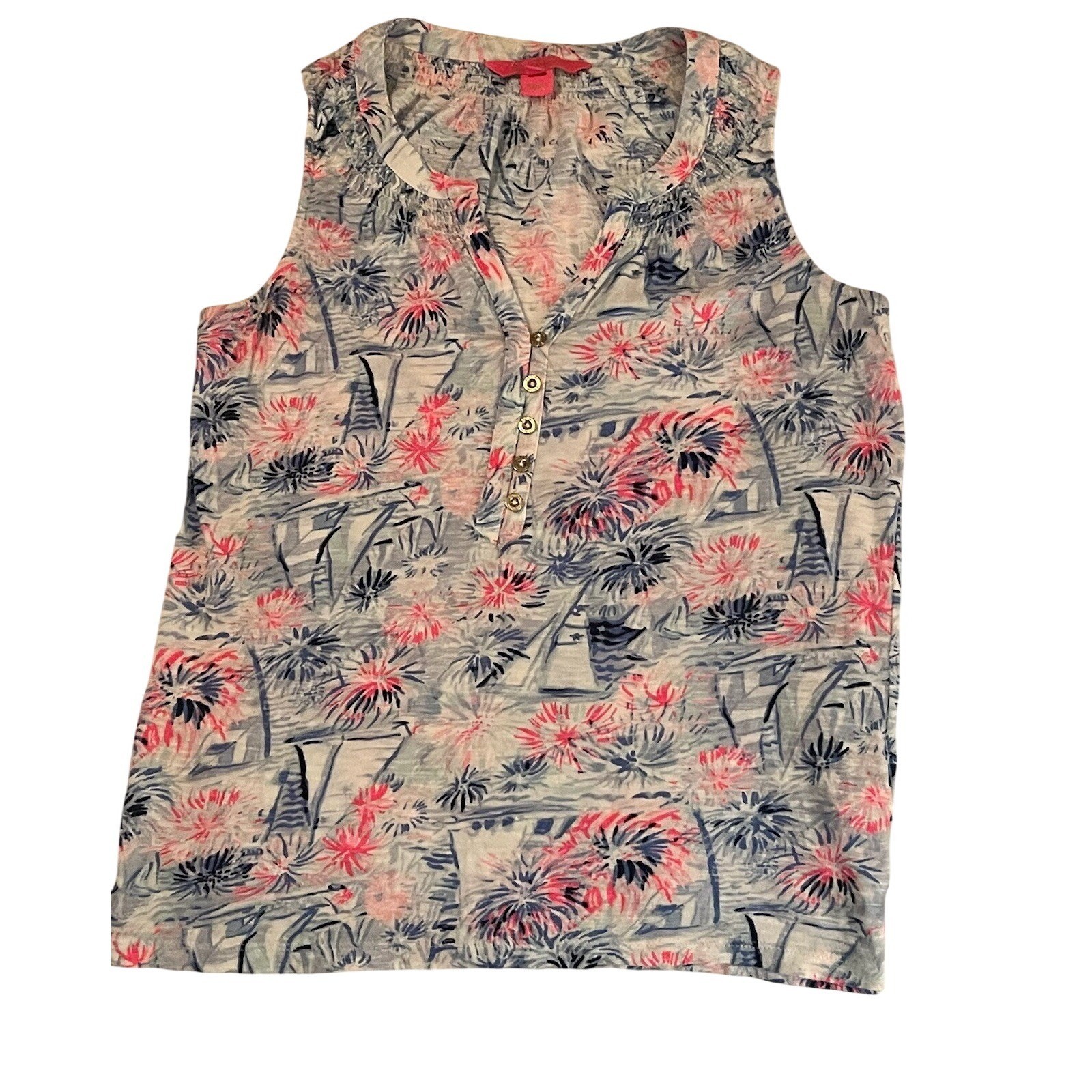 Lilly Pulitzer Sailboat Floral Henley Tank Top Pink Blue XS Sleeveless Smocked
