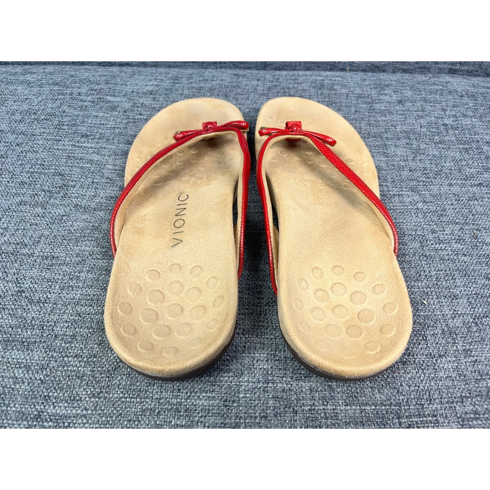 Vionic Bella II Red Lizard Embossed Orthotic Bow Flip Flop Sandals Womens 7.5