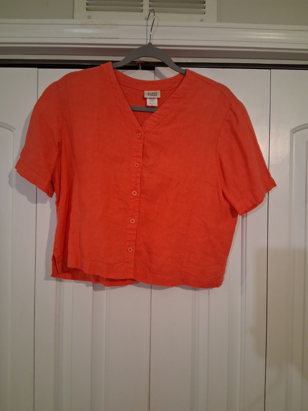 Eileen Fisher Orange Linen Woven Button Front Short Sleeve V-Neck Blouse S
