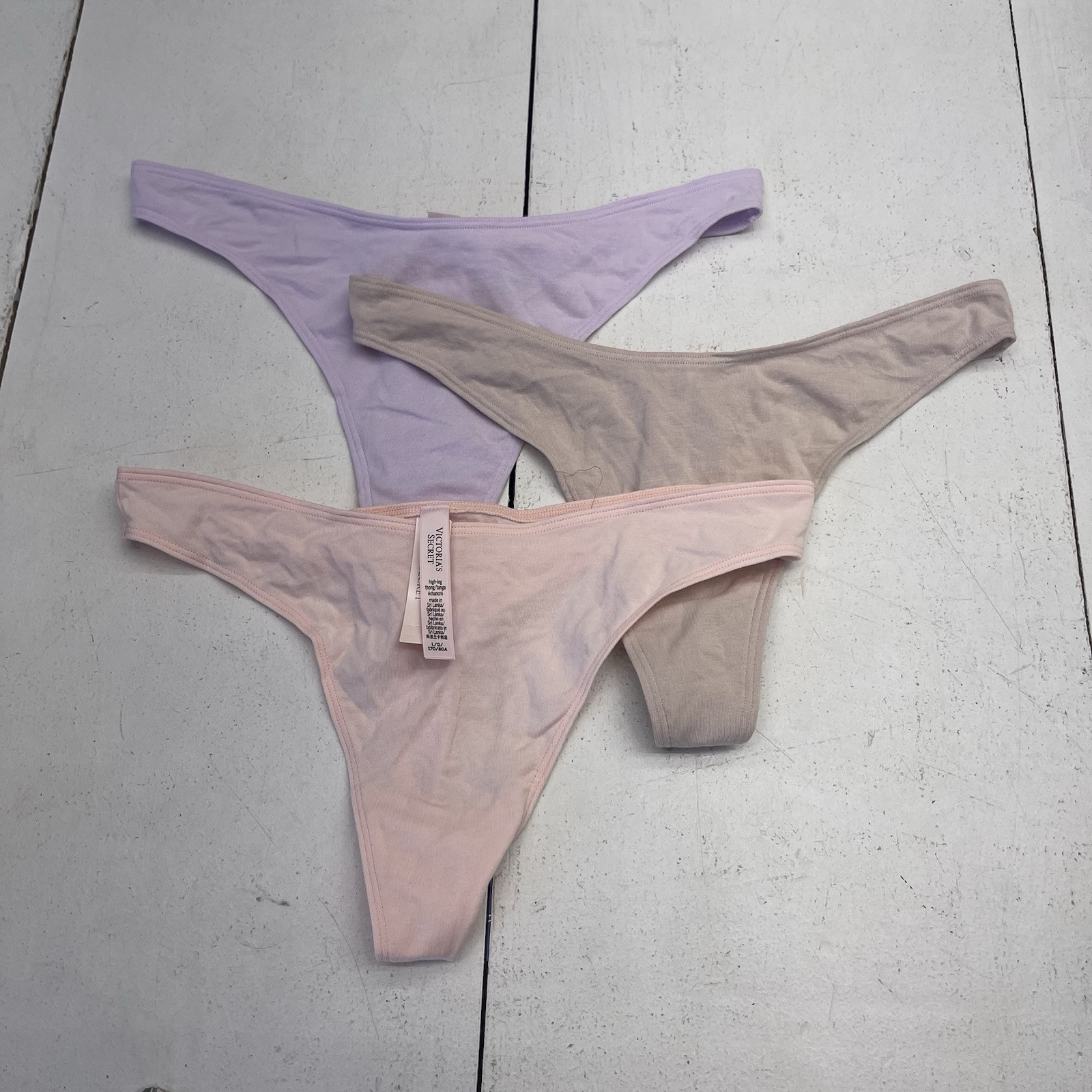 Victoria’s Secret 3 Pack High Leg Thong Underwear Purple Pink Beige Women’s L