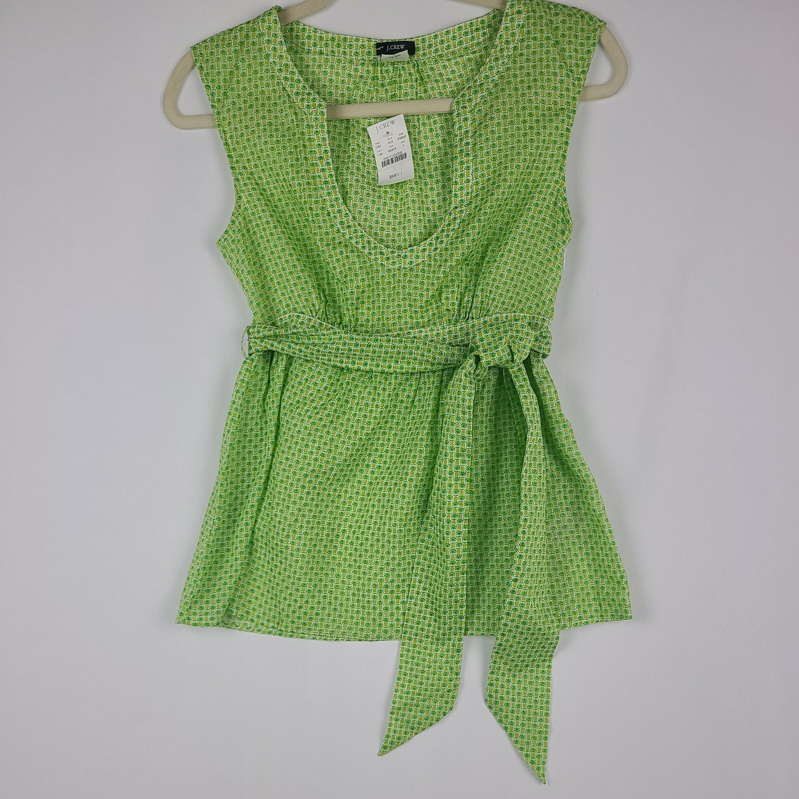 J CREW Ladies Sleeveless Blouse Size 0 Green Pineapple Empire Deep U Neck NWT!