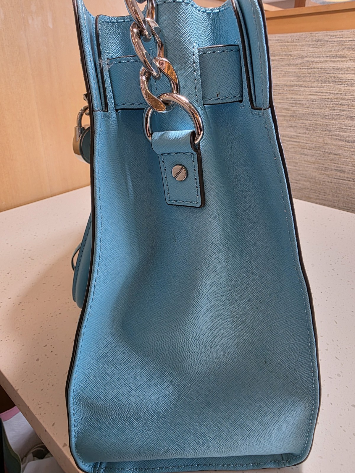 Michael Kors Aqua Blue Medium Blue Satchel Top Handle Silver Hardware Dust Bag