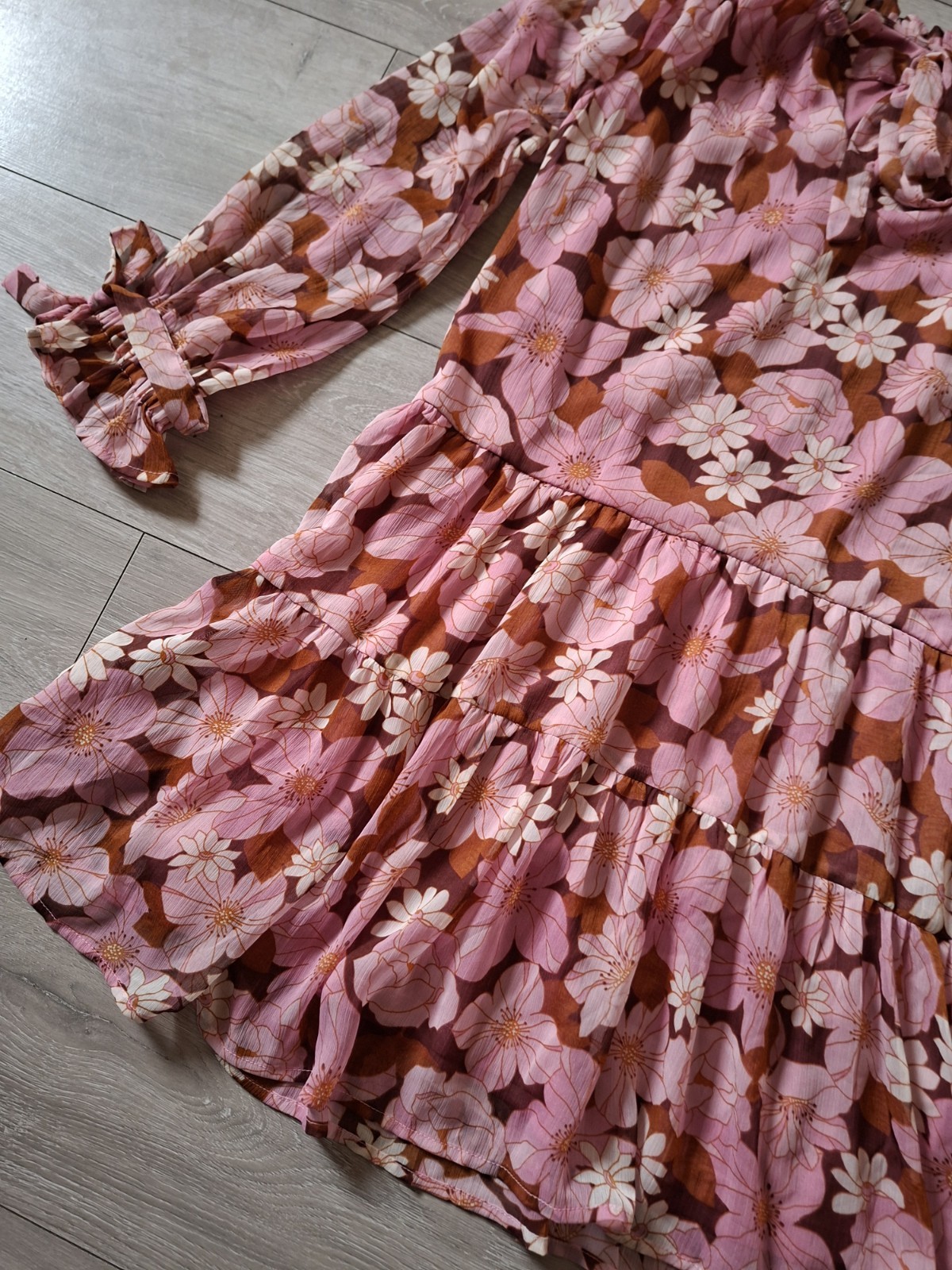 Brown & Pink Floral Flared Smock Dress Tiered Frill Party Sheer Boho Retro UK14