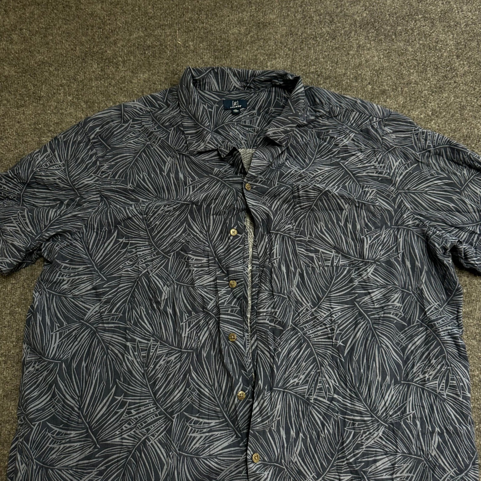 George Button Down Shirt Mens Size 3XL Navy Blue Linen Rayon Palm Leaf Casual