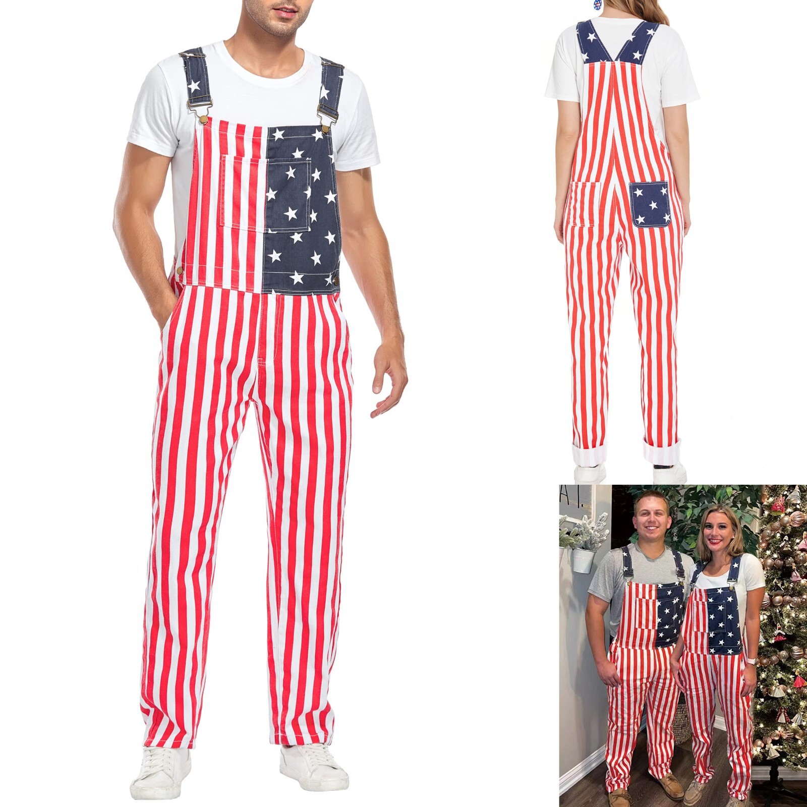 Men’s & Women’s Overalls USA America Flag Print Bib Jumpsuit Romper Long Pants